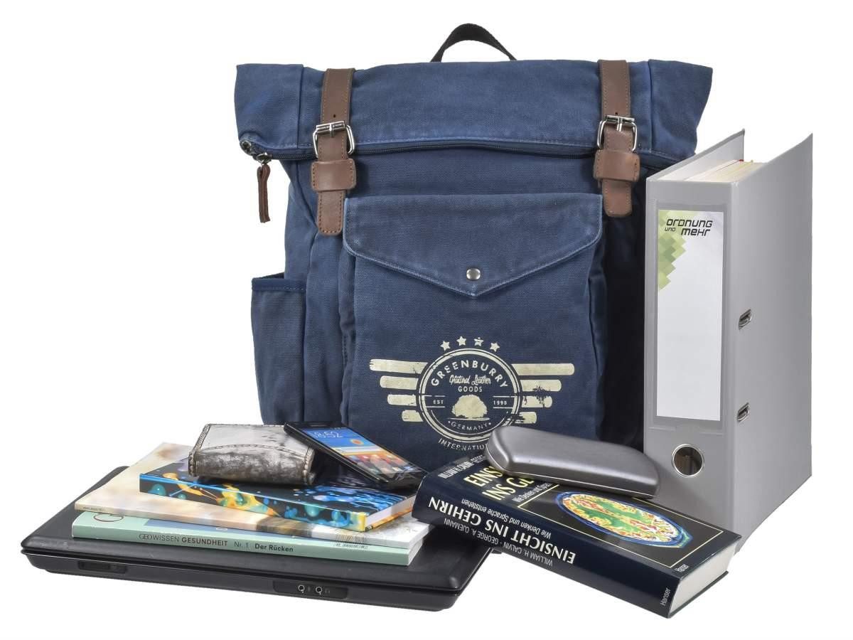 Greenburry Tagesrucksack Aviator Blue Edition, Canvas mit Lederbesatz, Kurierrucksack 37x41cm, Fahrradrucksack