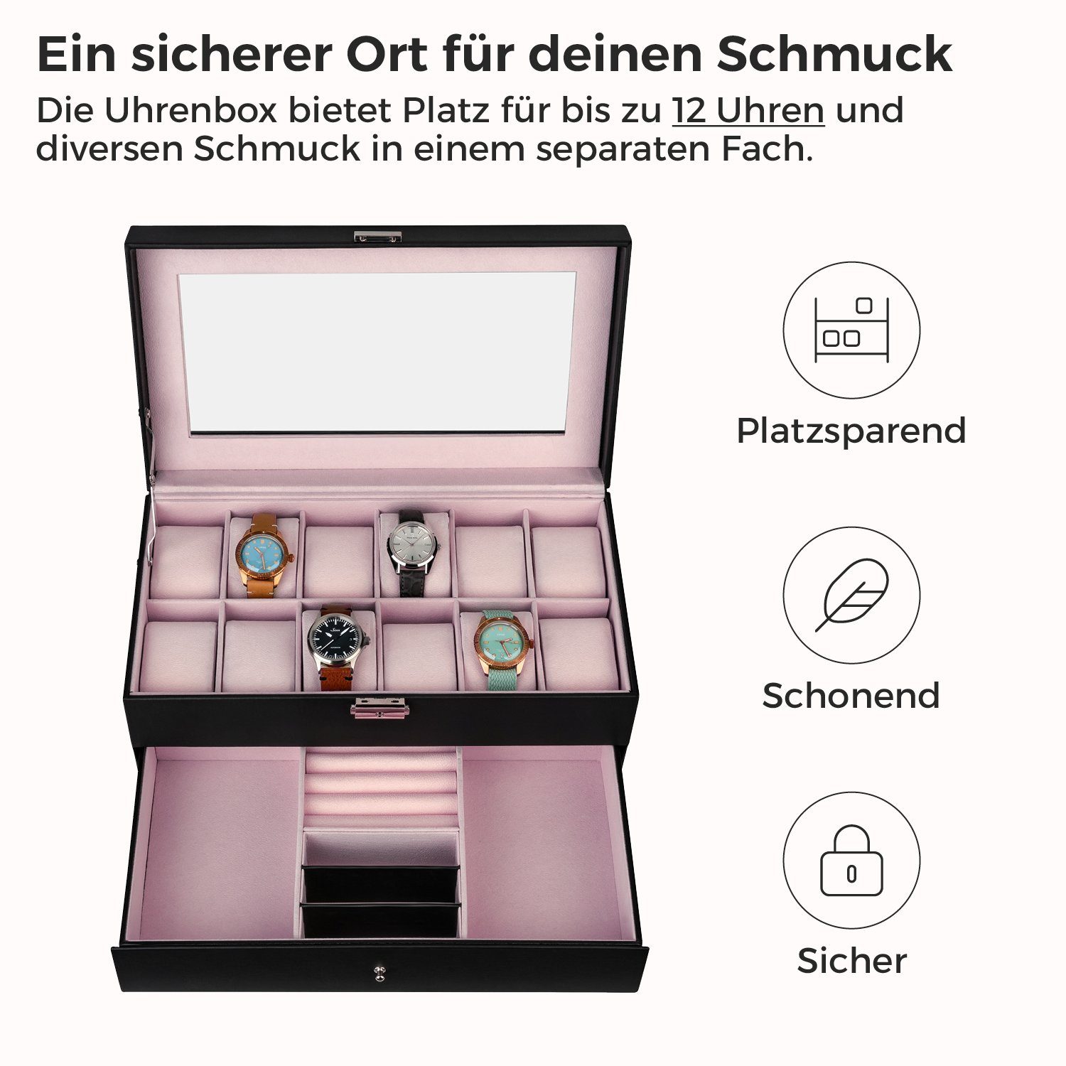 shelfmade Uhrenbox Uhren Aufbewahrung Uhrenbox Uhrenkoffer Uhrenkasten  "Zürich", schwarz
