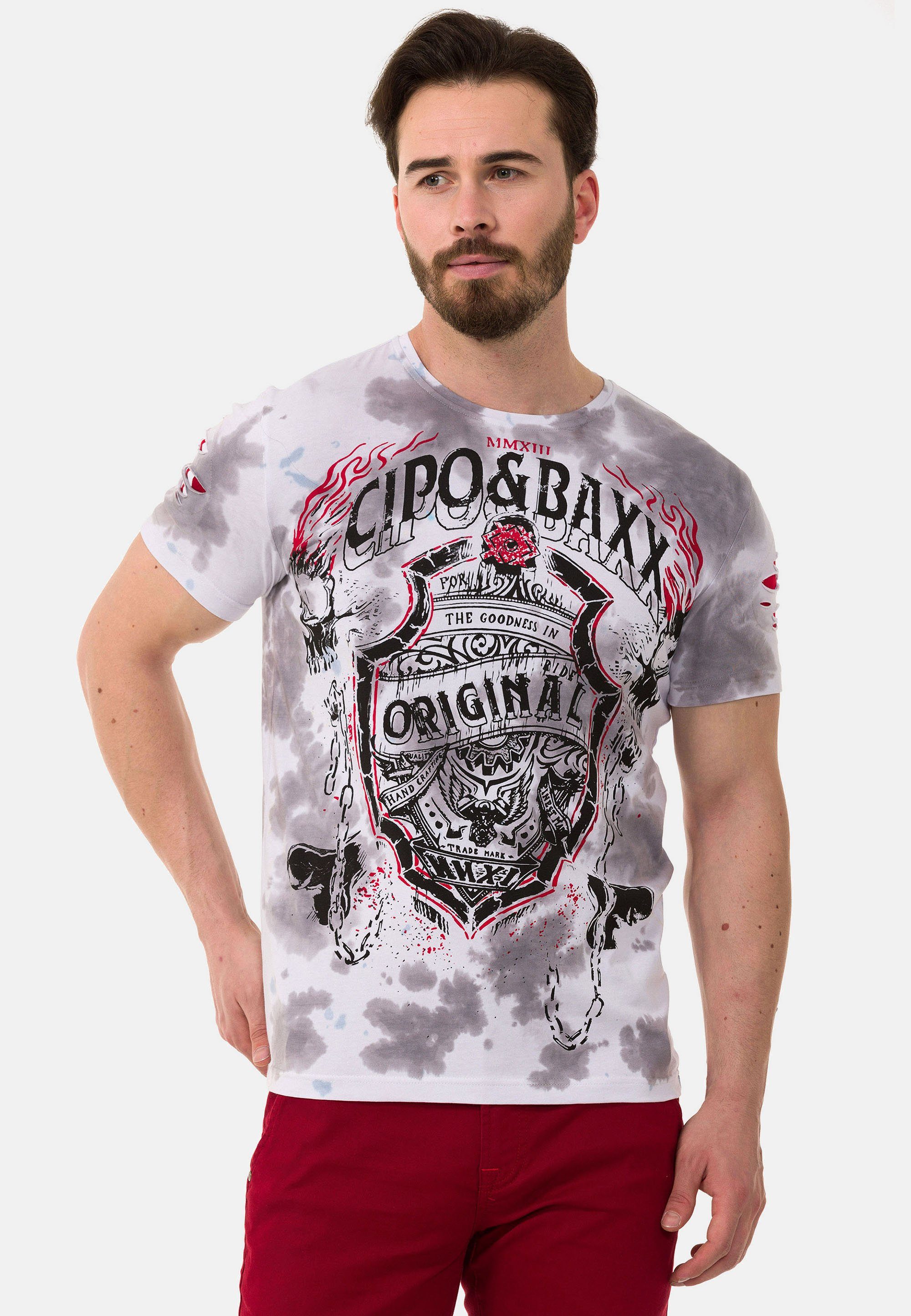Markenprint & weiß T-Shirt mit Cipo großem Baxx