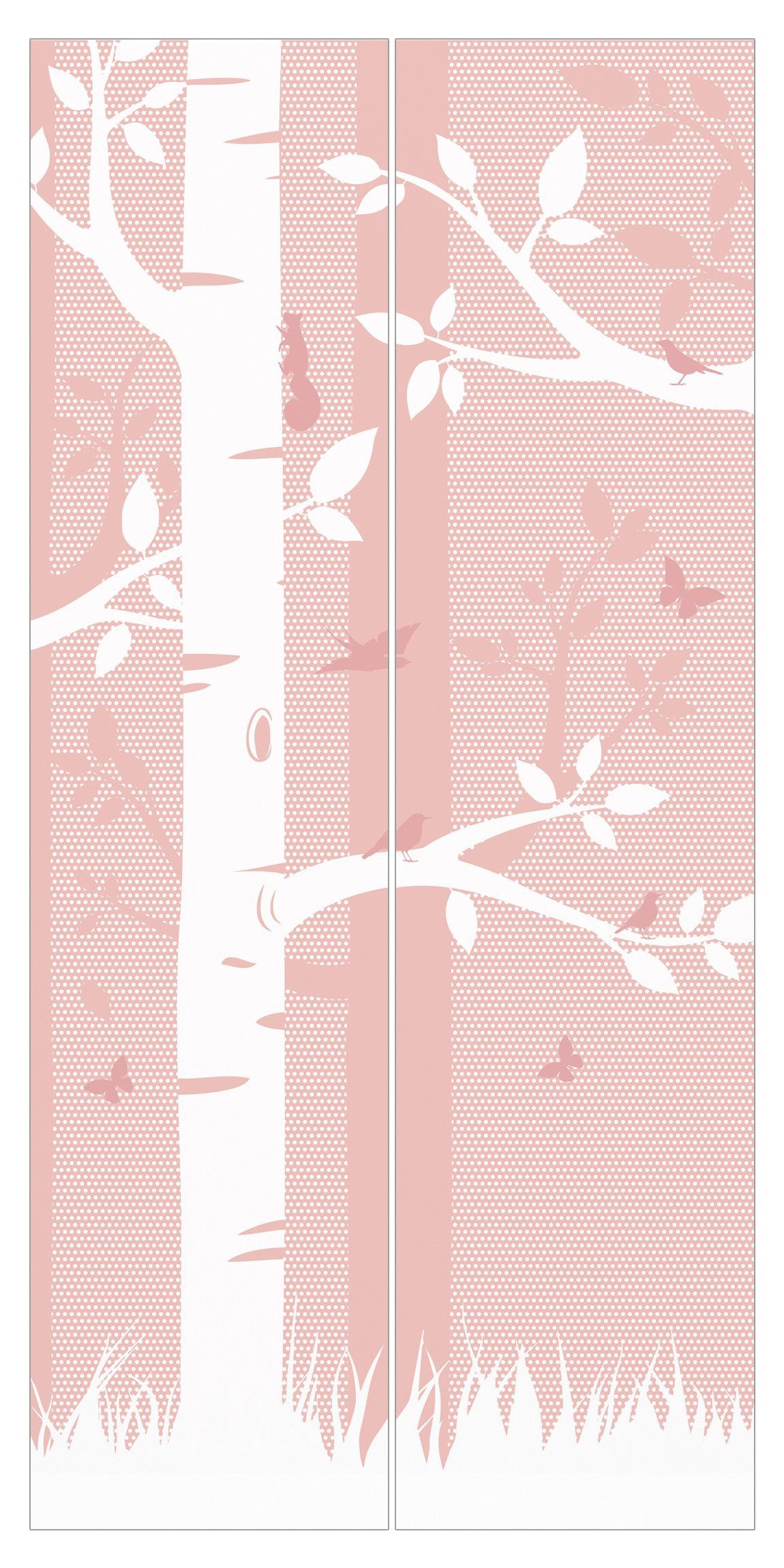 Bilderdepot24 Schiebegardine modern Flächenvorhang blickdicht Rosa Birkenwald (2 St), halbtransparent, Kinderzimmer große Flächengardine lichtdurchlässig für Klemm-System