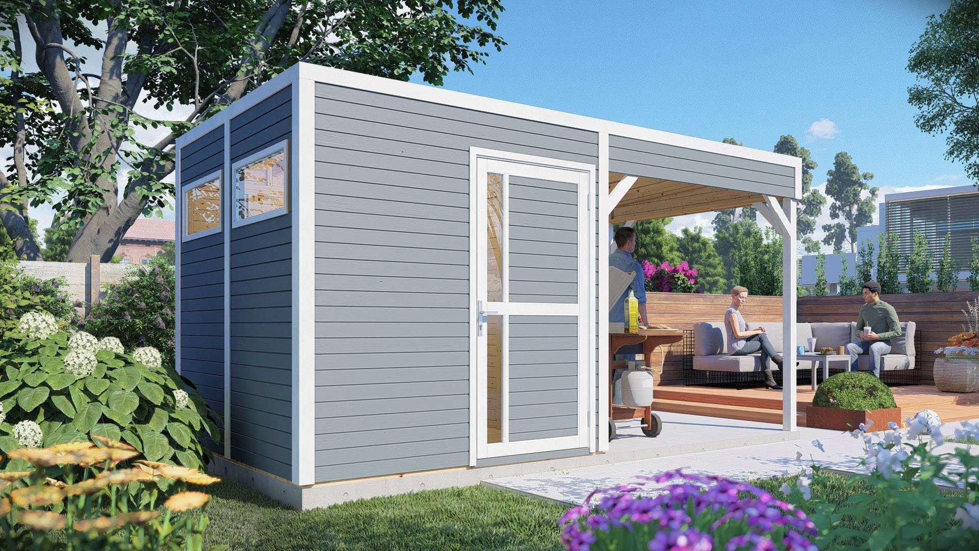 KONIFERA Gartenhaus Cubus 2 Lounge, BxT: 449x240 cm, mit Anbaudach