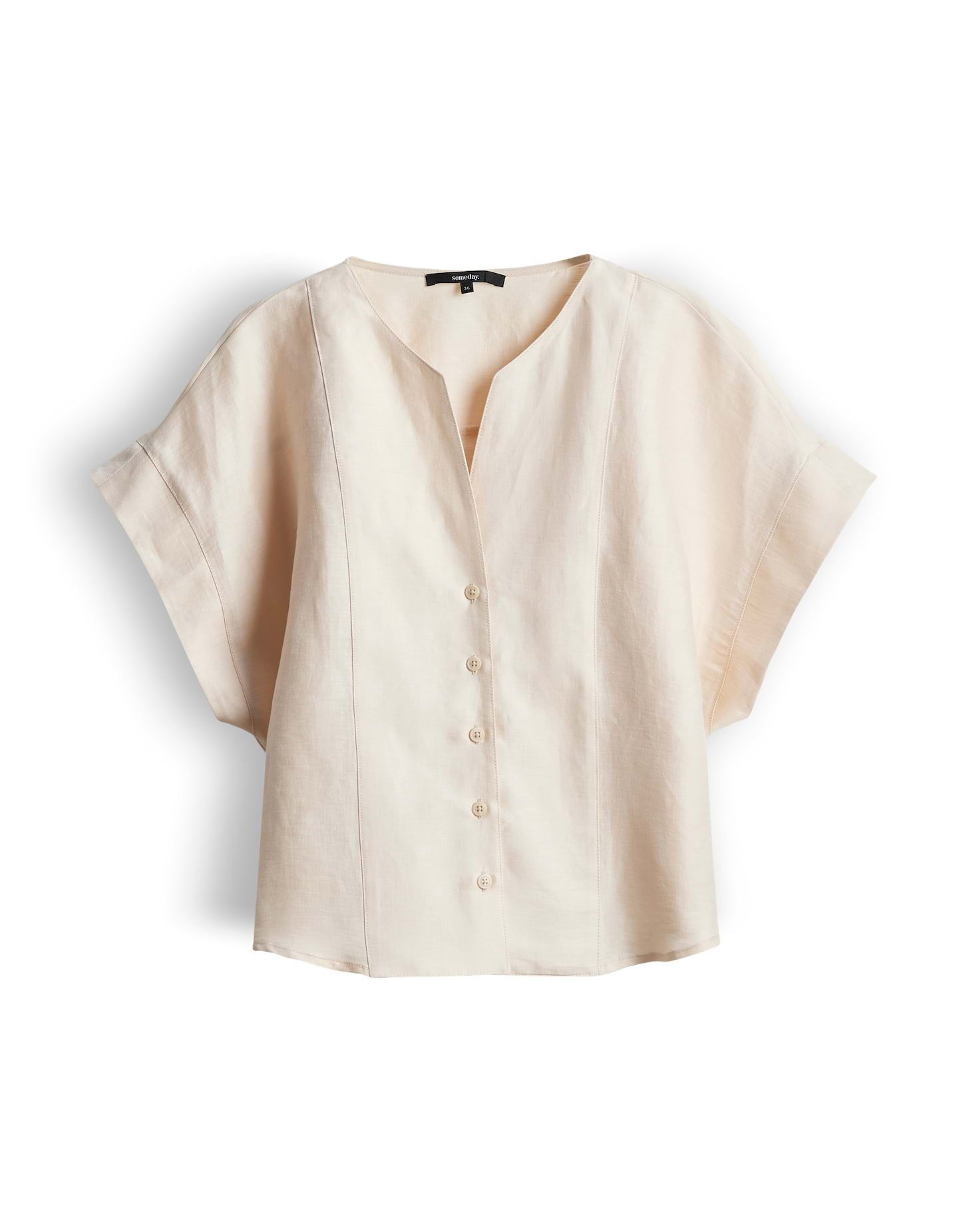 someday Kurzarmbluse Kragenlose Bluse aus Leinen Mix Loose Fit Kellerfalte und Knopfleiste für Alltag