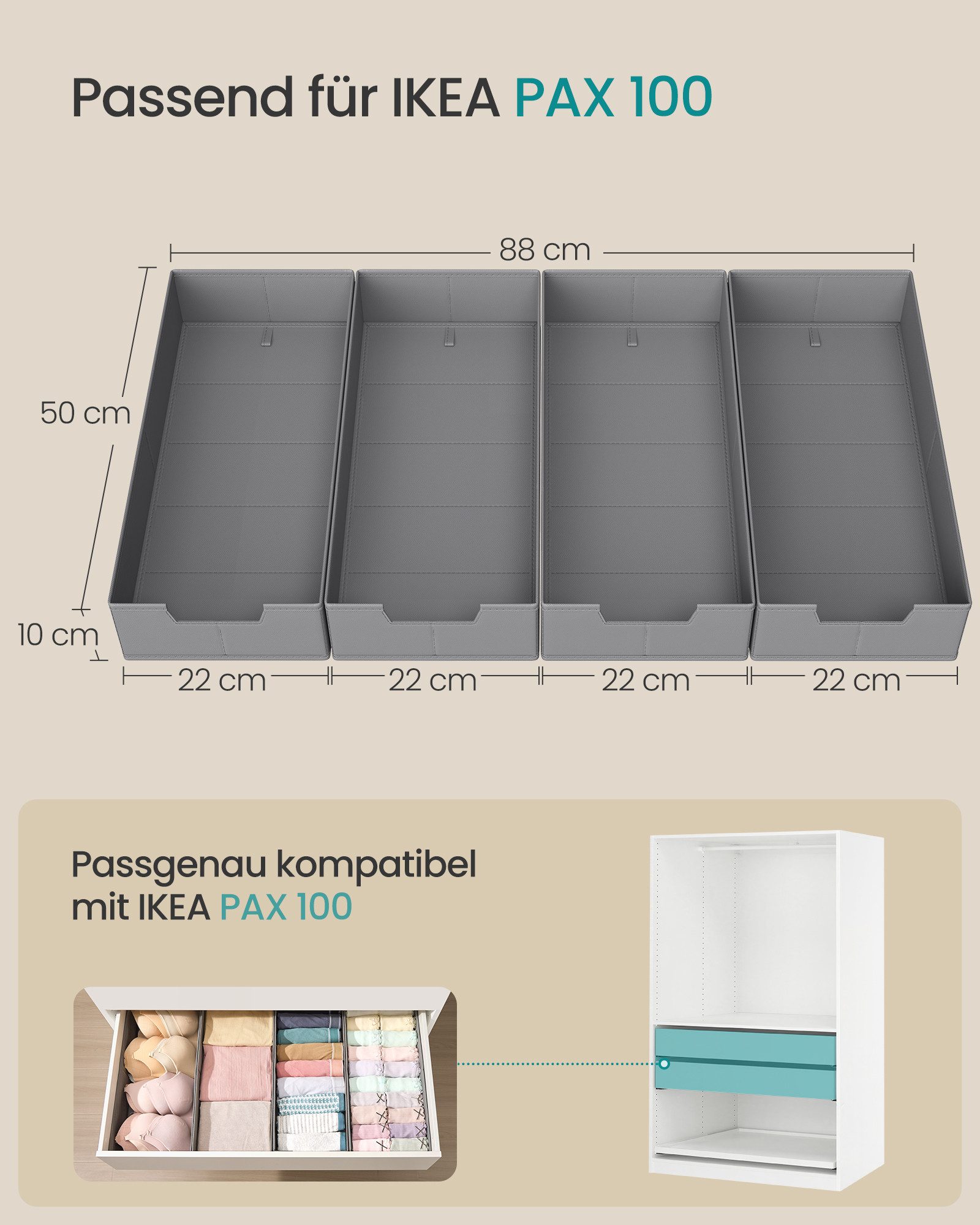 SONGMICS Aufbewahrungsbox Schubladen-Organizer, faltbar, Schrank-Organizer, 50 x 22 x 10 cm, für Unterwäsche und Socken, Schrank-Organizer – Bild 2 von 5