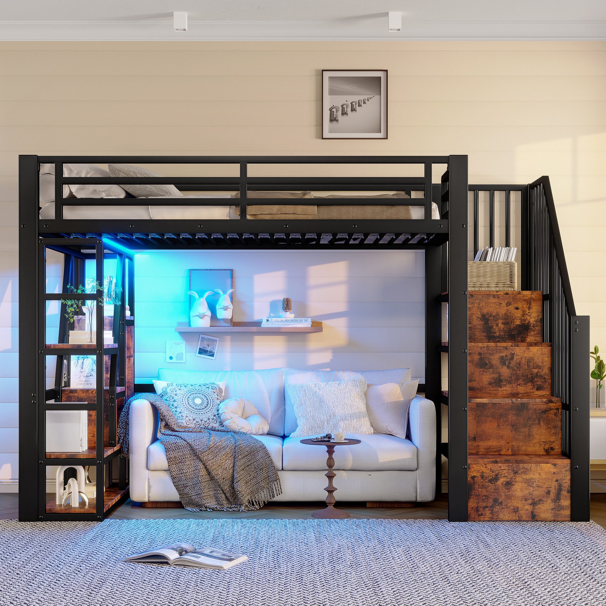 Flieks Hochbett Metallbett 90x200cm mit LED-Leiste, Regale, Treppe und Schutzgitter