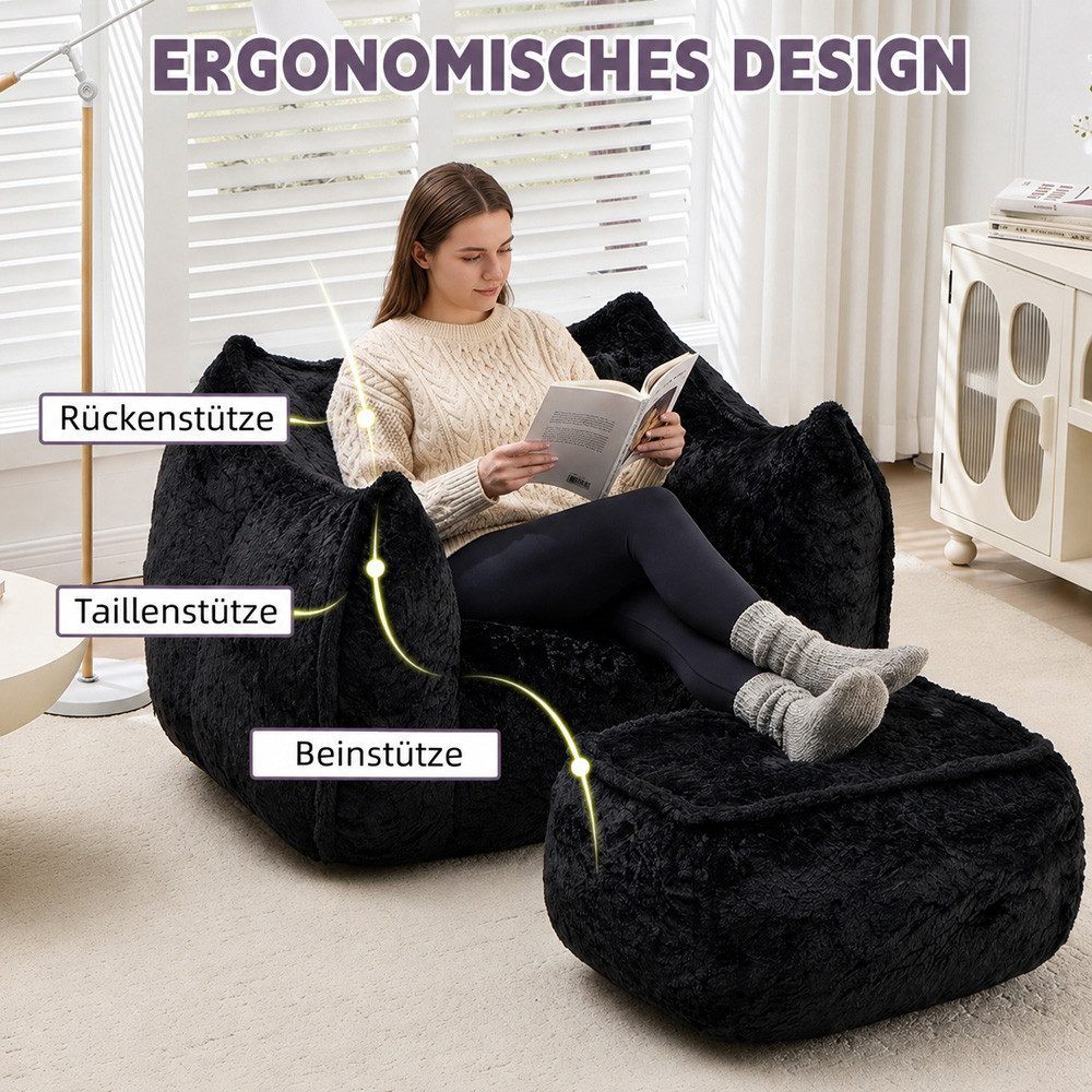 Leawin Relaxliege Sofas Wohnzimmer Loungesessel mit Hocker aus Kunstfell, Weicher Bean Bag Sessel mit Fußhocker und Schaumstofffüllung