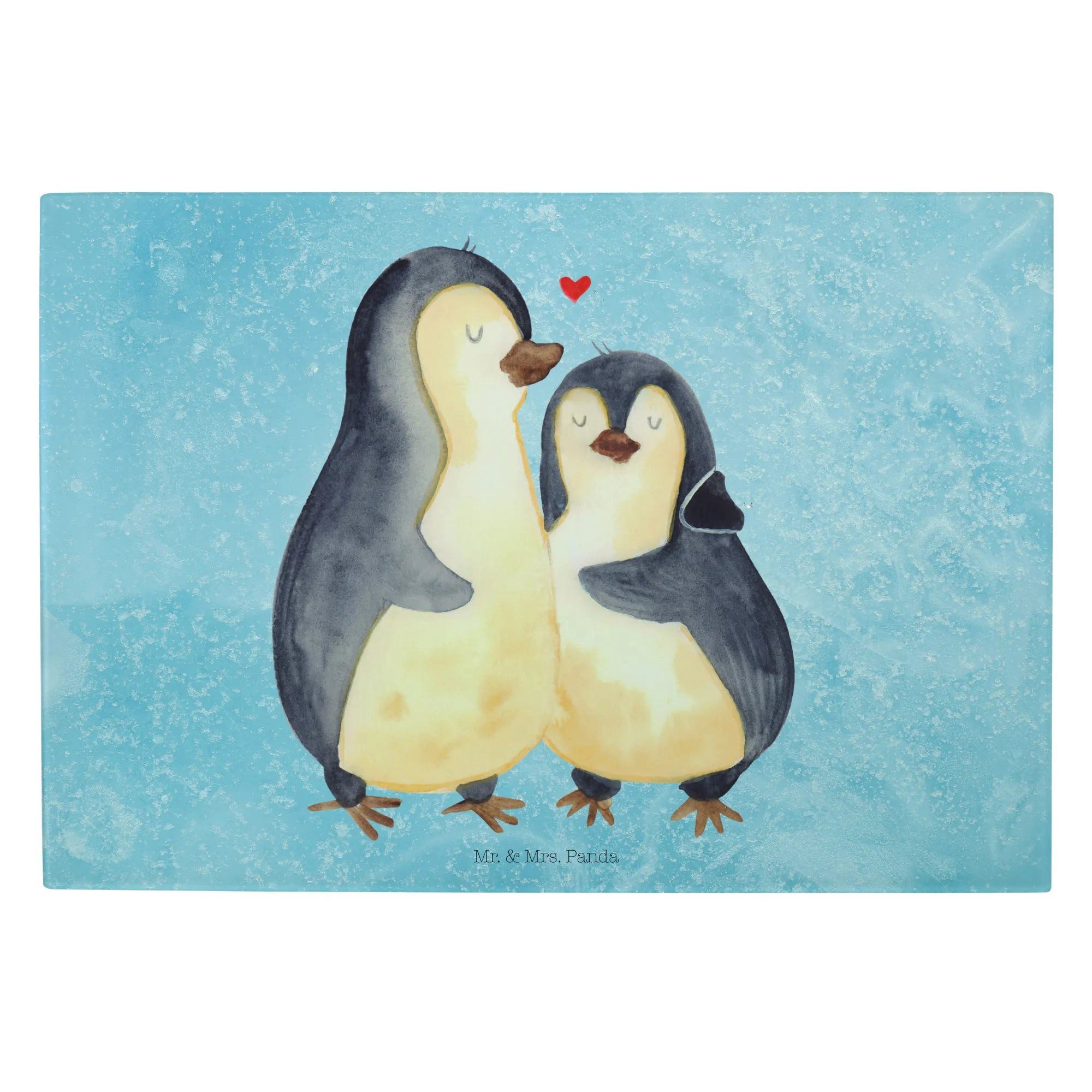 Mr. & Mrs. Panda Servierbrett Pinguin umarmen, XL Glas Schneidbrett, Eisblau, Küchenbrett Extra Gro, Premium Glas, (Packung, 1-St), Glas Küchenbrett Extra Groß Großformatiges Glasschneidebrett Glas