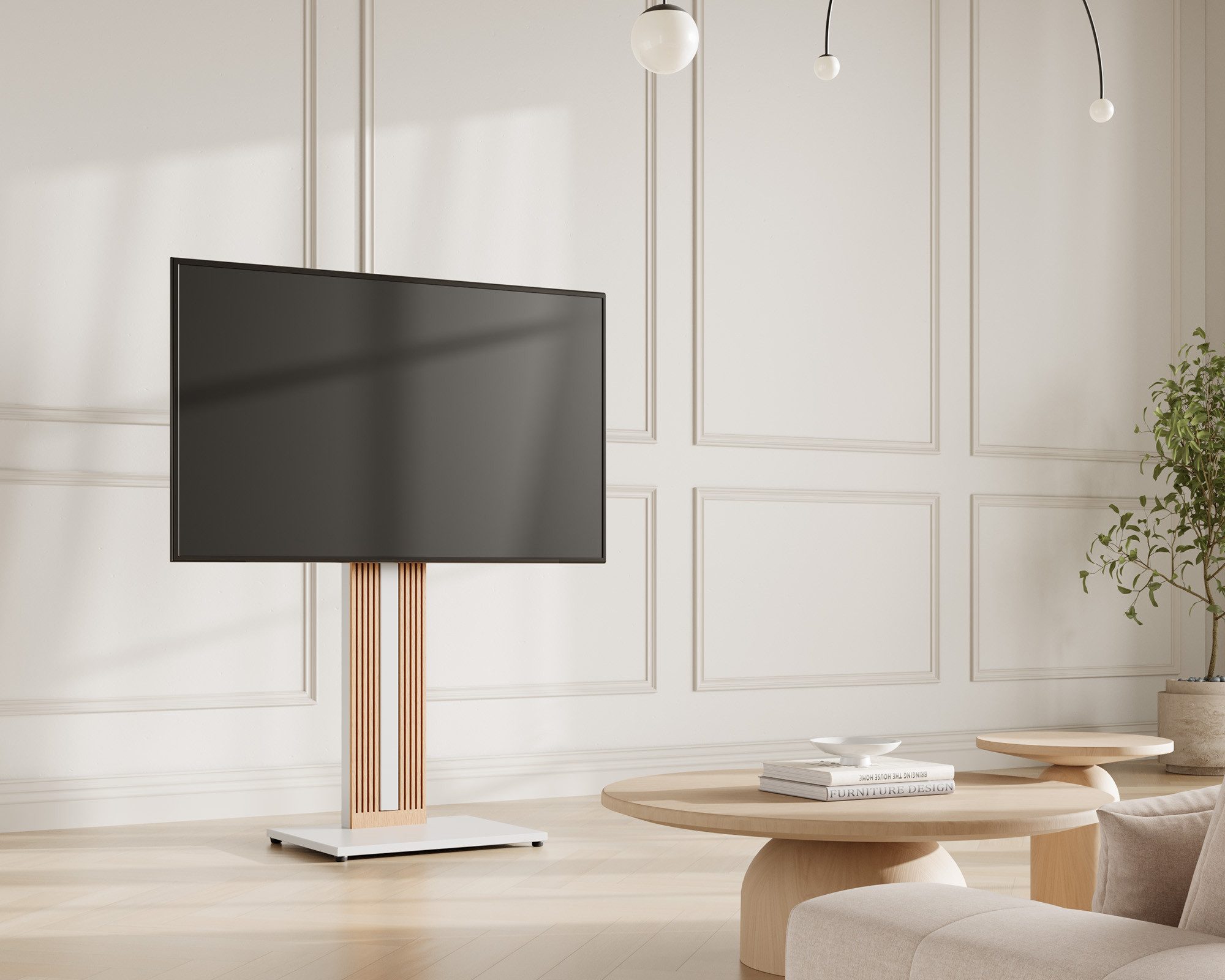 FITUEYES TV-Ständer TV-Standfuß mit verstellbarer Ablage, 32-65 Zoll, (bis 65,00 Zoll, höhenverstellbar, schwenkbar ±30°, aus Buchenholz)