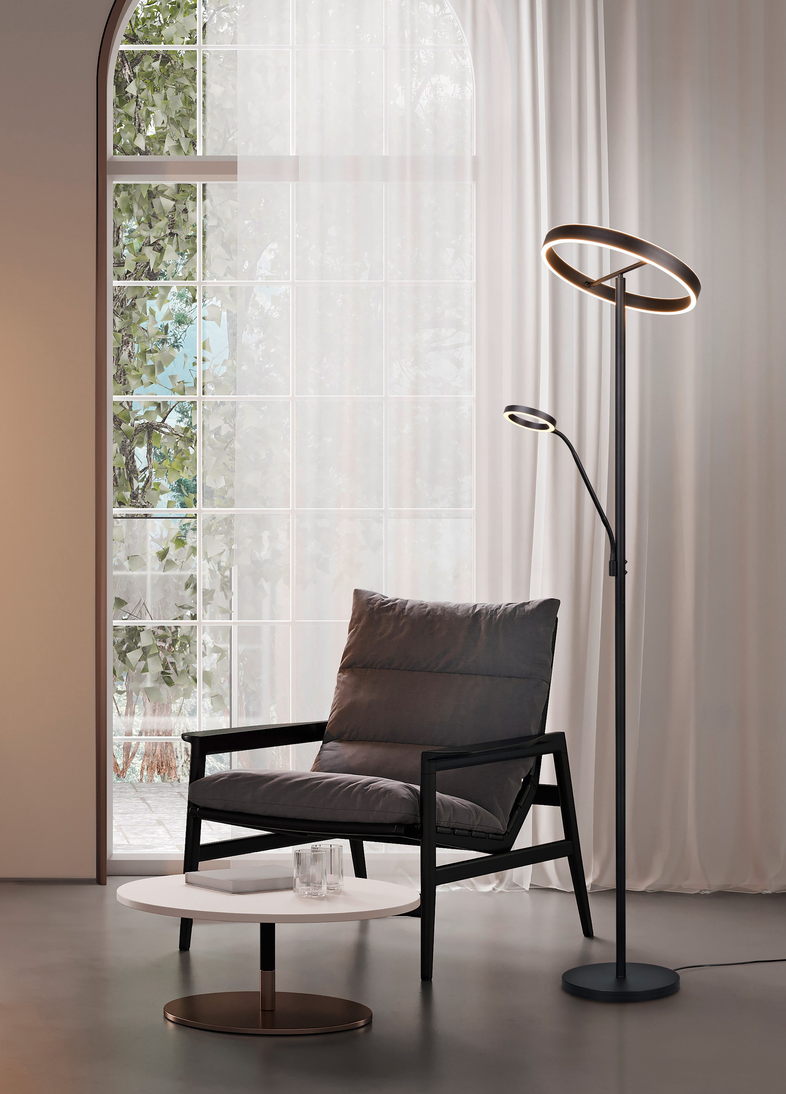 TRIO Leuchten LED Stehlampe WILLIS, Stehleuchte mit Lesearm, Touch Dimmer, CCT 2700-3200-4000K, Dimmfunktion, Lesearm, getrennt schaltbar, LED fest integriert, Farbwechsler, Höhe 180cm, Fluterkopf und Lesearm schwenkbar, Fluter mit Leselicht