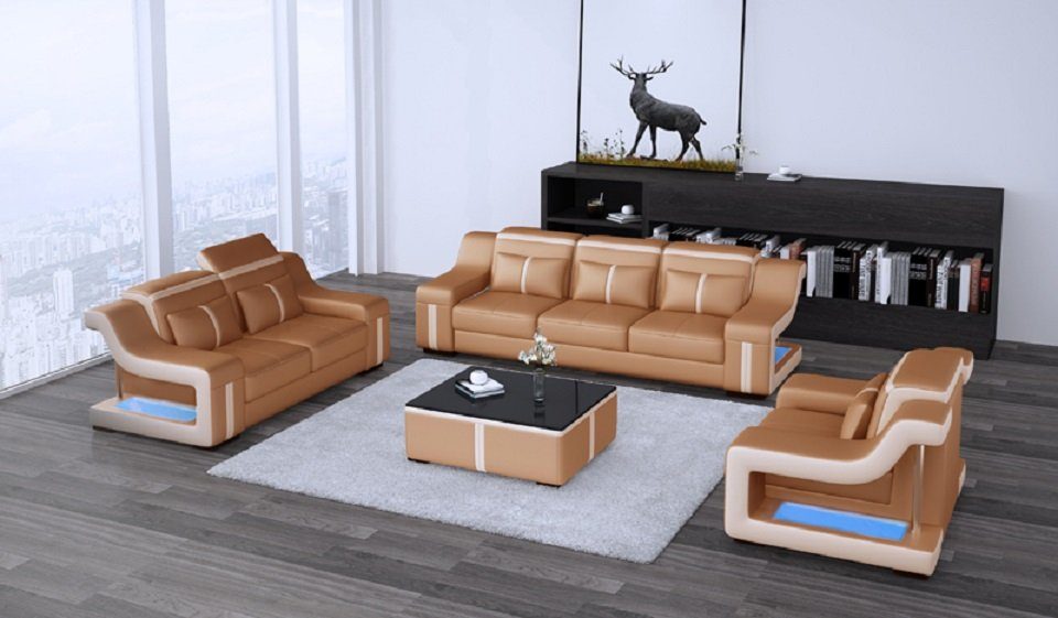 Braun/Beige Design Couch Polster Europe Sofa JVmoebel 3+2+2 Sofagarnitur Komplett Sofa in 3tlg., Leder Set Made