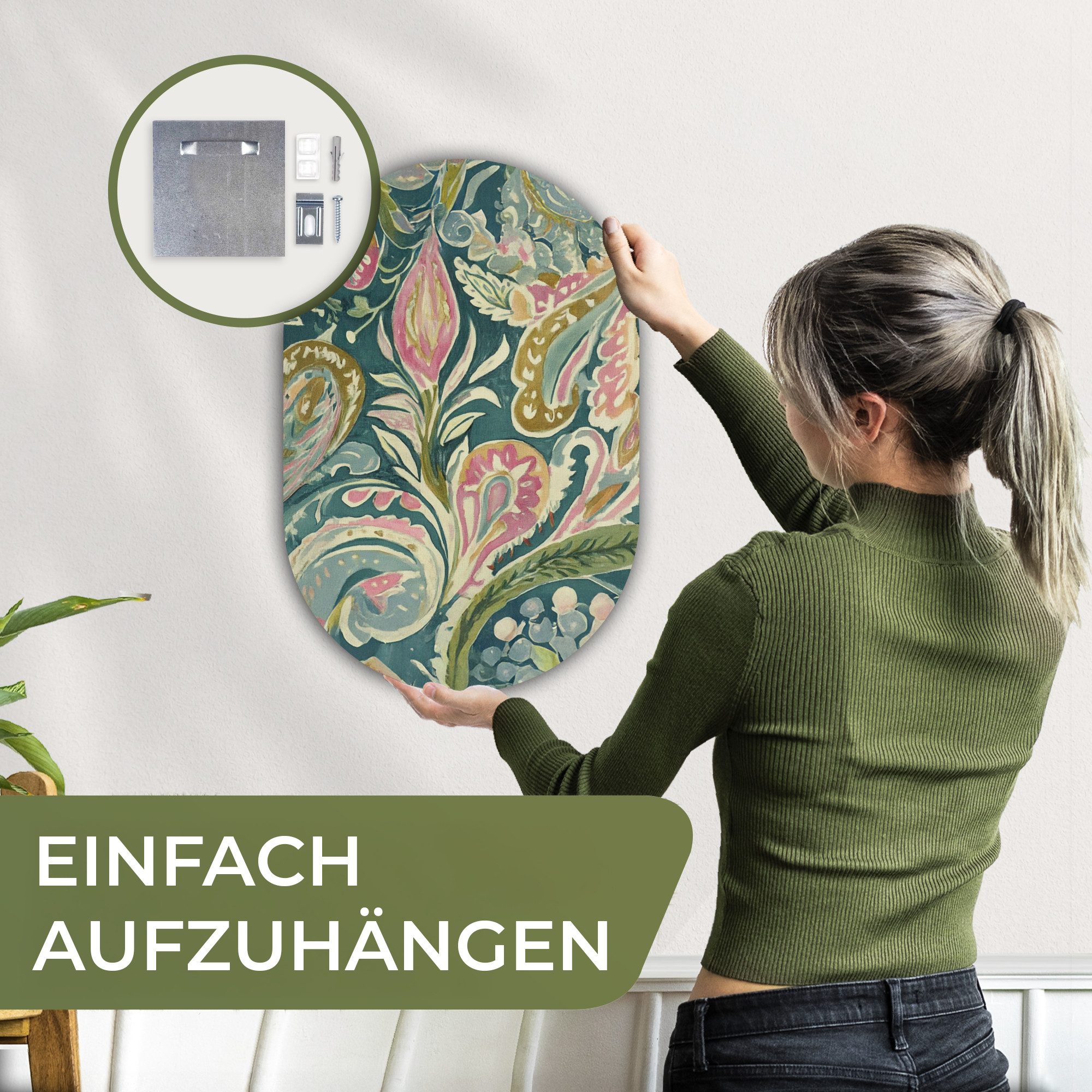 MuchoWow Gemälde Gemustert - Bunt - Verschnörkelt - Grün, Fotodruck (1 St), Wandbild Oval, Wohnzimmer oder Schlafzimmer Wanddekoration, 40x60 cm