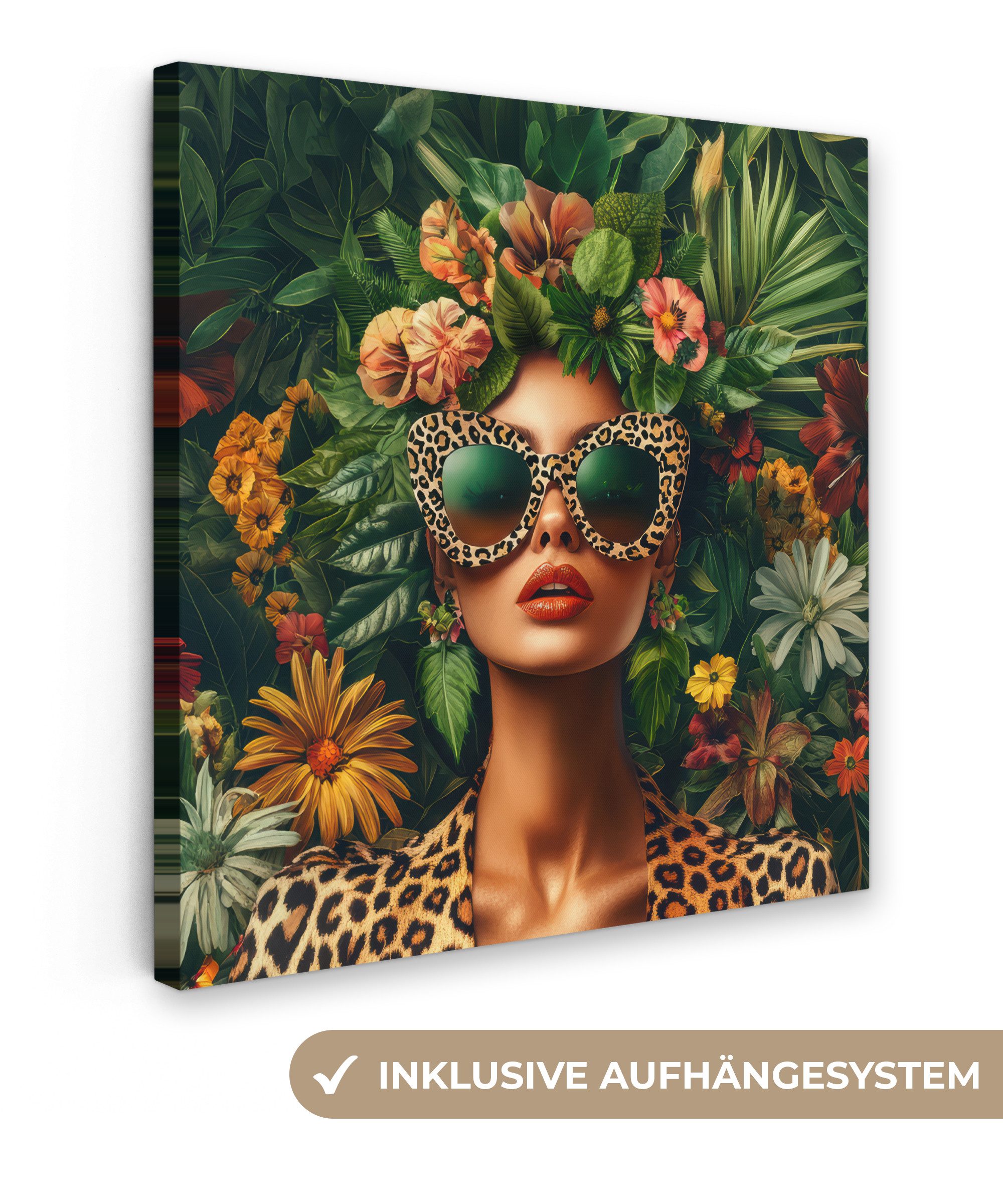 OneMillionCanvasses® Leinwandbild Frau - Pantherdruck - Dschungel - Natur - günstig online kaufen