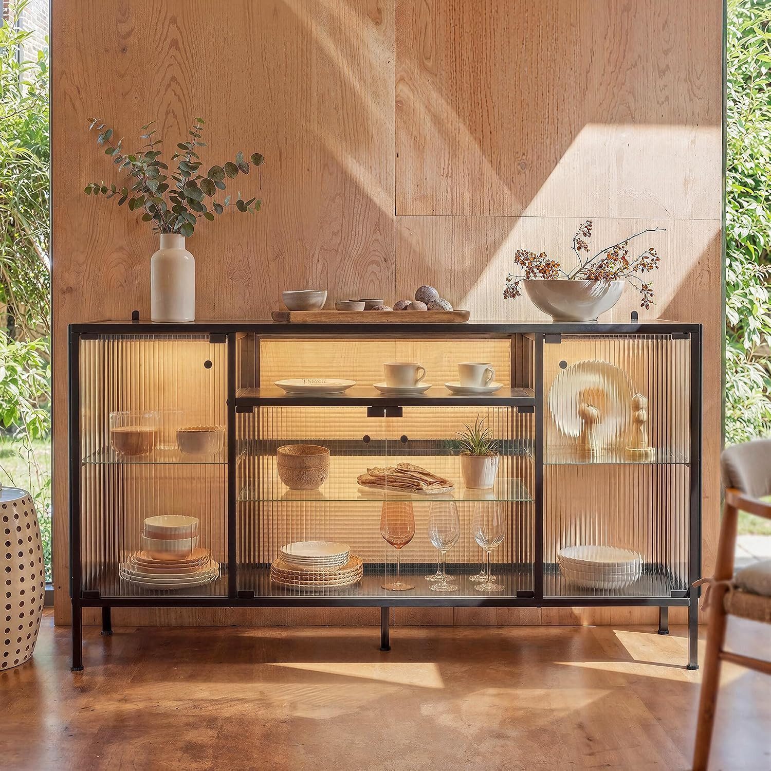FUFU&GAGA Sideboard 140-160cm Glasvitrine Vitrinenschrank, mit Beleuchtung 3 Farbe