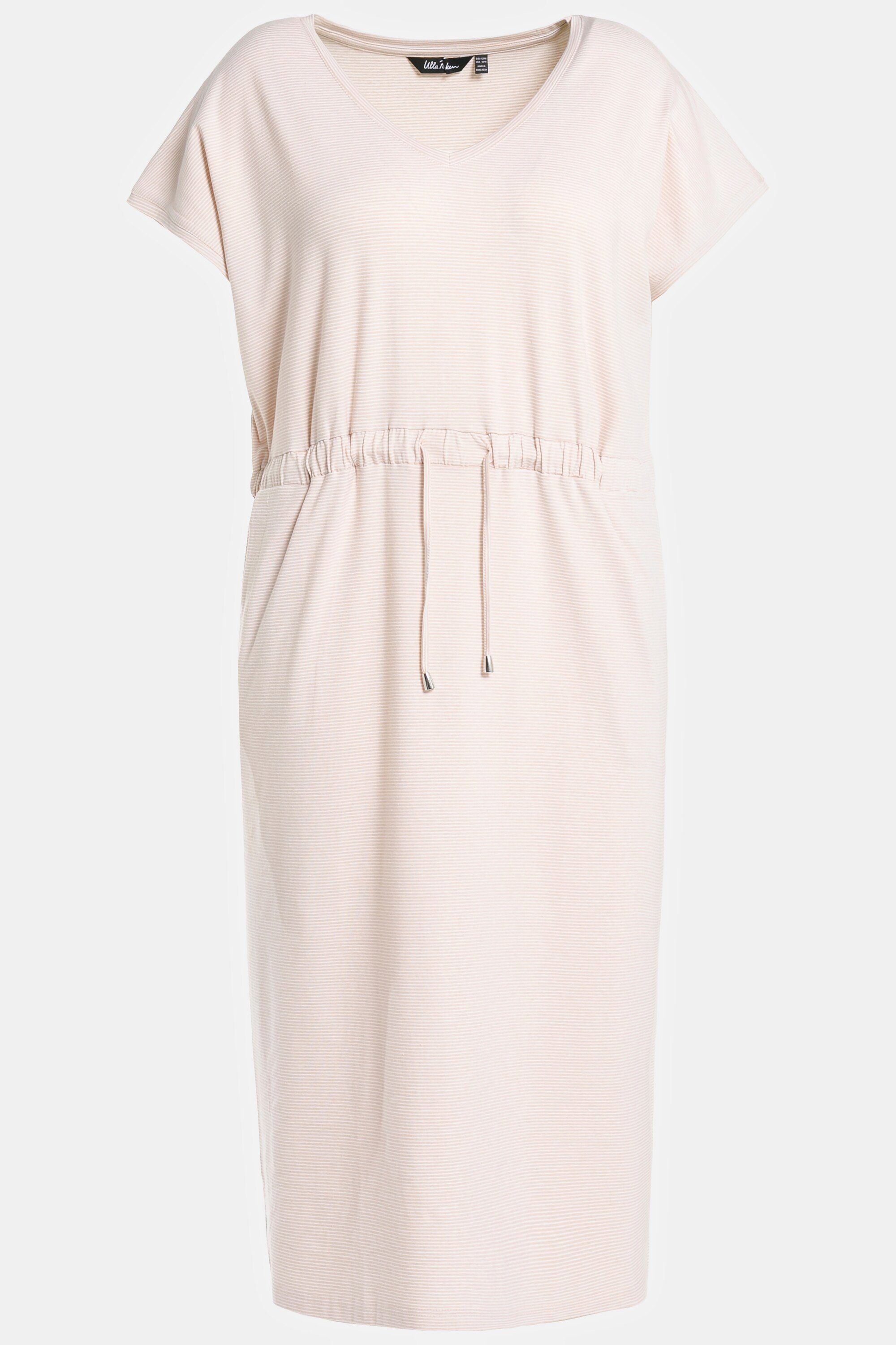 Ulla Popken Jerseykleid beige Biobaumwolle V-Ausschnitt Kleid Ringel Oversized