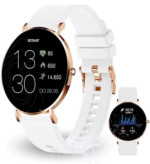 XCOAST SIONA 2 Damen Smartwatch (4,2 cm/1,3 Zoll, iOS und Android) Polar White, Fitness Tracker, 3-tlg., neueste Generation, Blutsauerstoffmesser, Wasserdicht, Ultra flach, Puls, Blutdruck, brillante Farben, AMOLED
