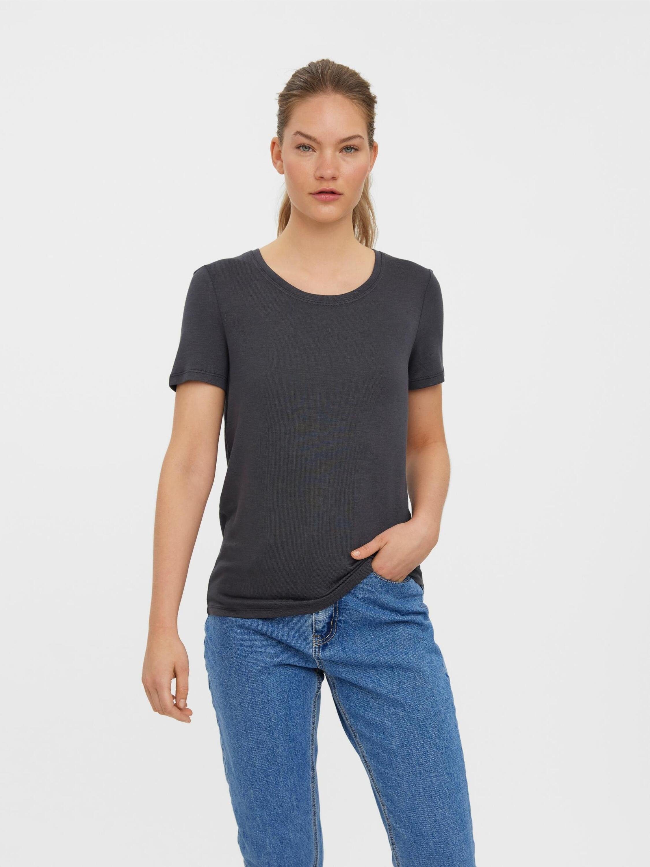 Plain/ohne und Vero mit T-Shirt (1-tlg) T-Shirt Rundhals-Ausschnitt Moda Damen Details, Arm kurzem Modisches für Lowy