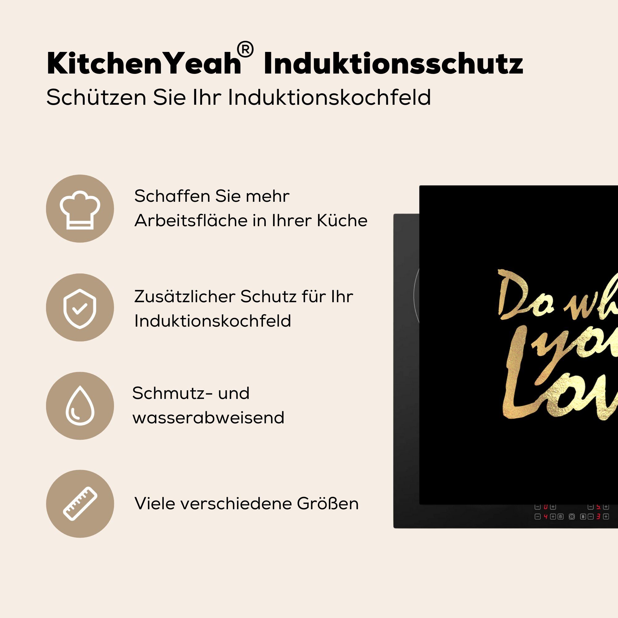 MuchoWow Herdblende-/Abdeckplatte Zitat - Liebe - cm, küche (1 78x78 für Arbeitsplatte - Vinyl, Gold, tlg), Ceranfeldabdeckung, Schwarz