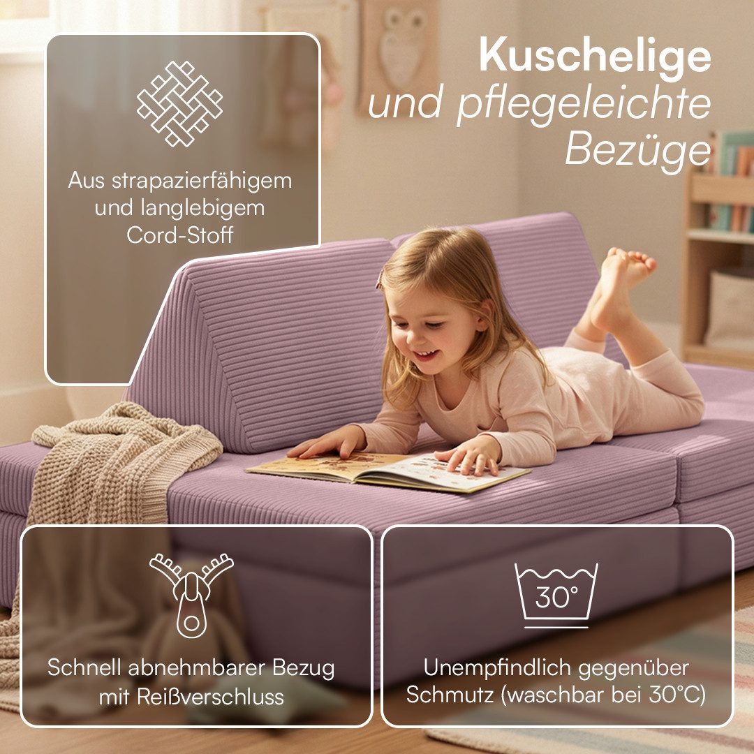 Bellabino Kindersofa Nile aus Schaumstoff Teilen, modulare Kinderspielcouch aus Cord, Lila, Maxi-Variante, Cordbezug abnehmbar & waschbar, 160x52x75cm, Oeko-Tex – Bild 5 von 5