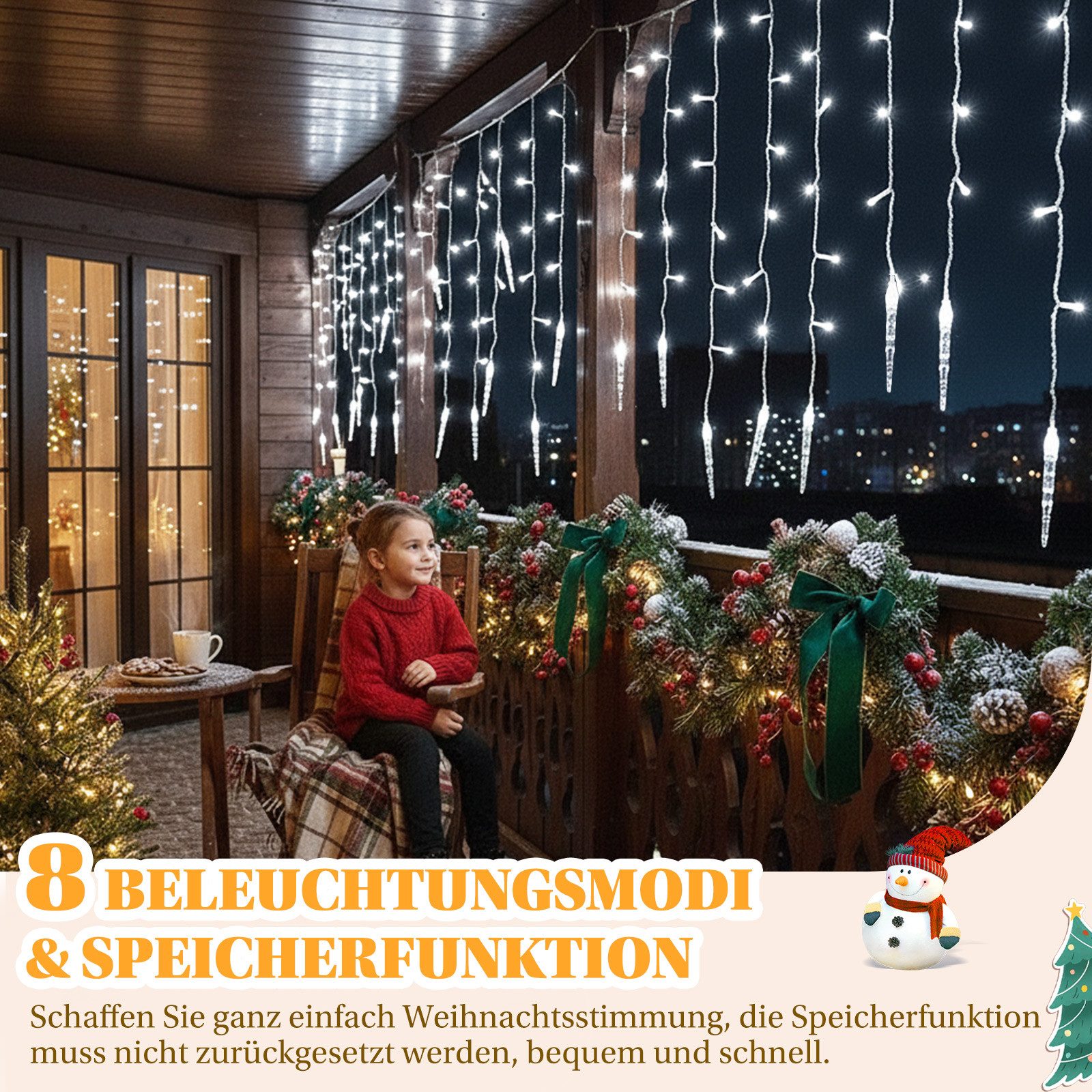 Rosnek LED-Lichtervorhang Eiszapfen-Anhänger, 8 Modi, Timer, für Traufe Weihnachtsdeko, Memory-Funktion, anschließbar, Niedrige Spannung, 96 LEDs, 3.5M