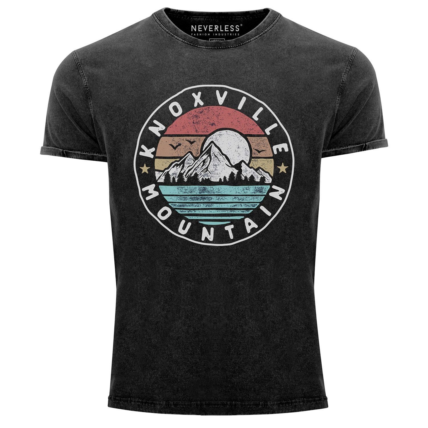 Herren mit Emblem Neverless Adventure Mountain Used Shirt Print-Shirt Look Neverless® Knoxville Logo Fit T-Shirt Print Berge Slim Vintage Printshirt Vintage