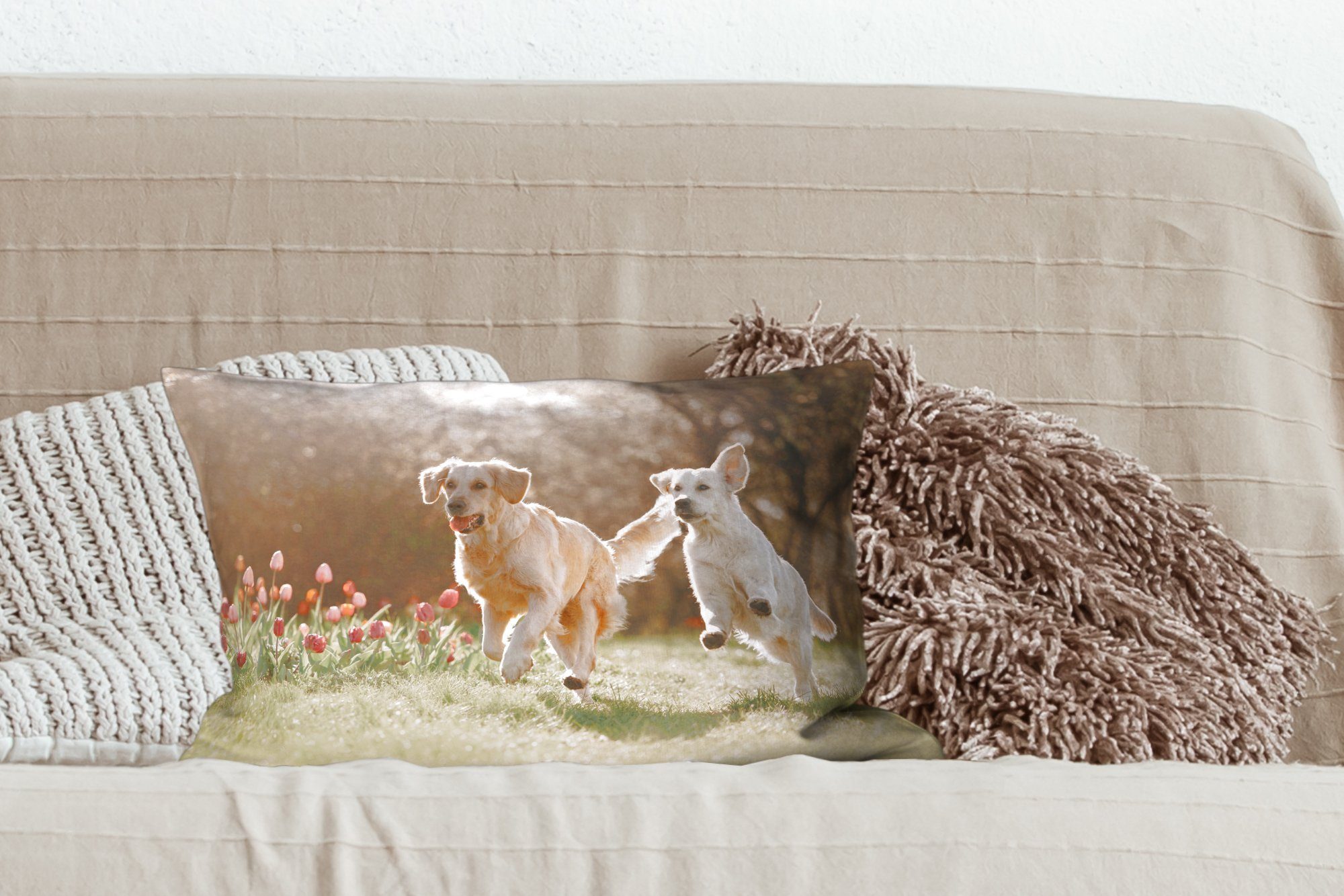 Sonne - Wohzimmer Schlafzimmer mit Frühling, Dekoration, MuchoWow - Hunde Dekokissen Füllung, Zierkissen, Dekokissen