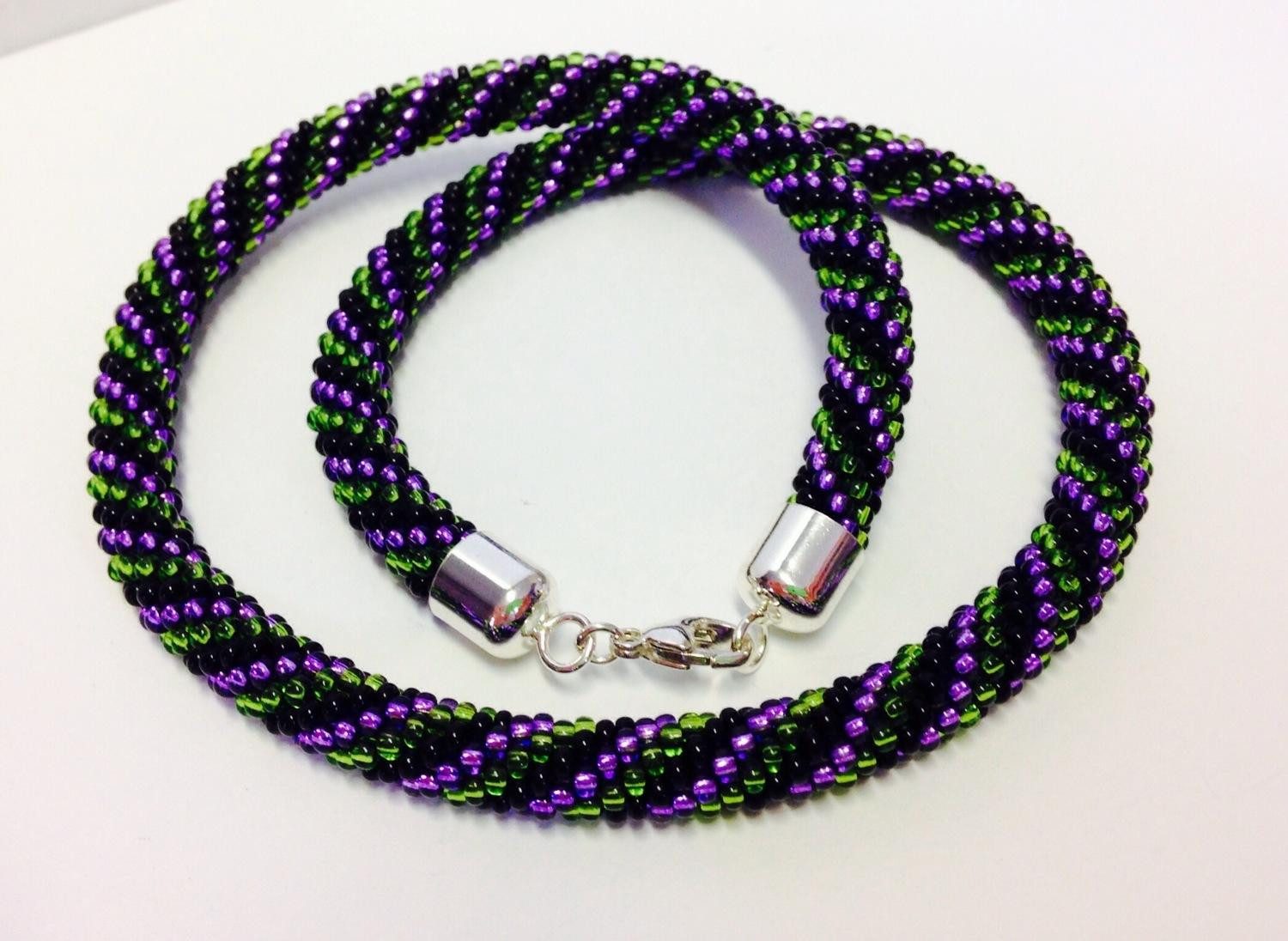 Kette ohne Anhänger Häkelkette, Schwarz / Lila / Grün 925/- Verschluß