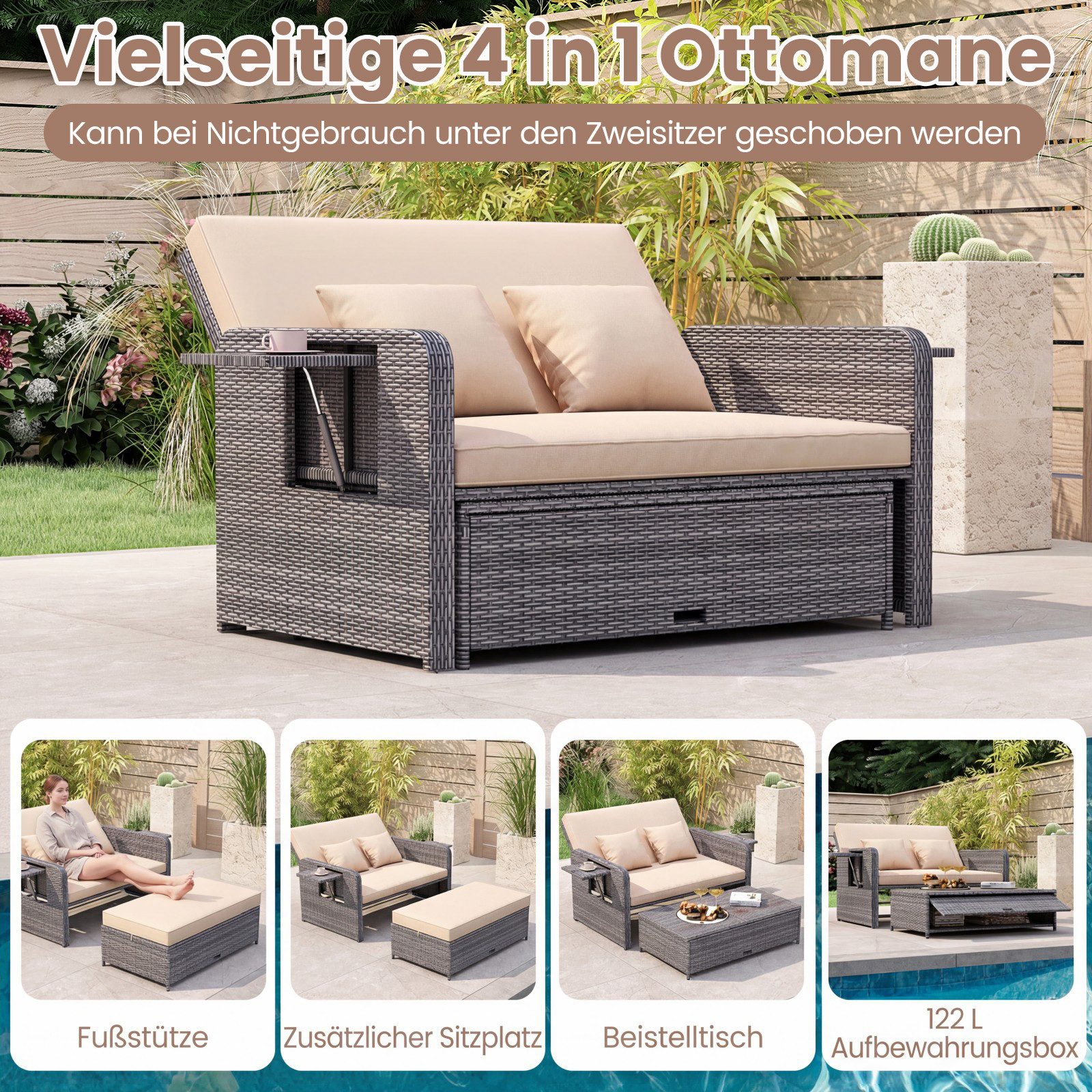 COSTWAY Loungebett, Gartenliege mit Auflage, verstellbarer Rückenlehne, Stauraum Rattan