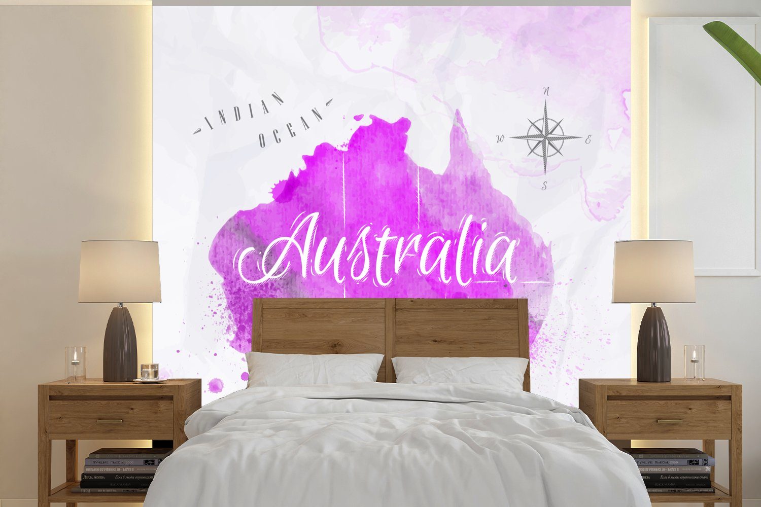 MuchoWow Fototapete Weltkarte - Australien - Rosa, Matt, bedruckt, (4 St), Vliestapete für Wohnzimmer Schlafzimmer Küche, Fototapete