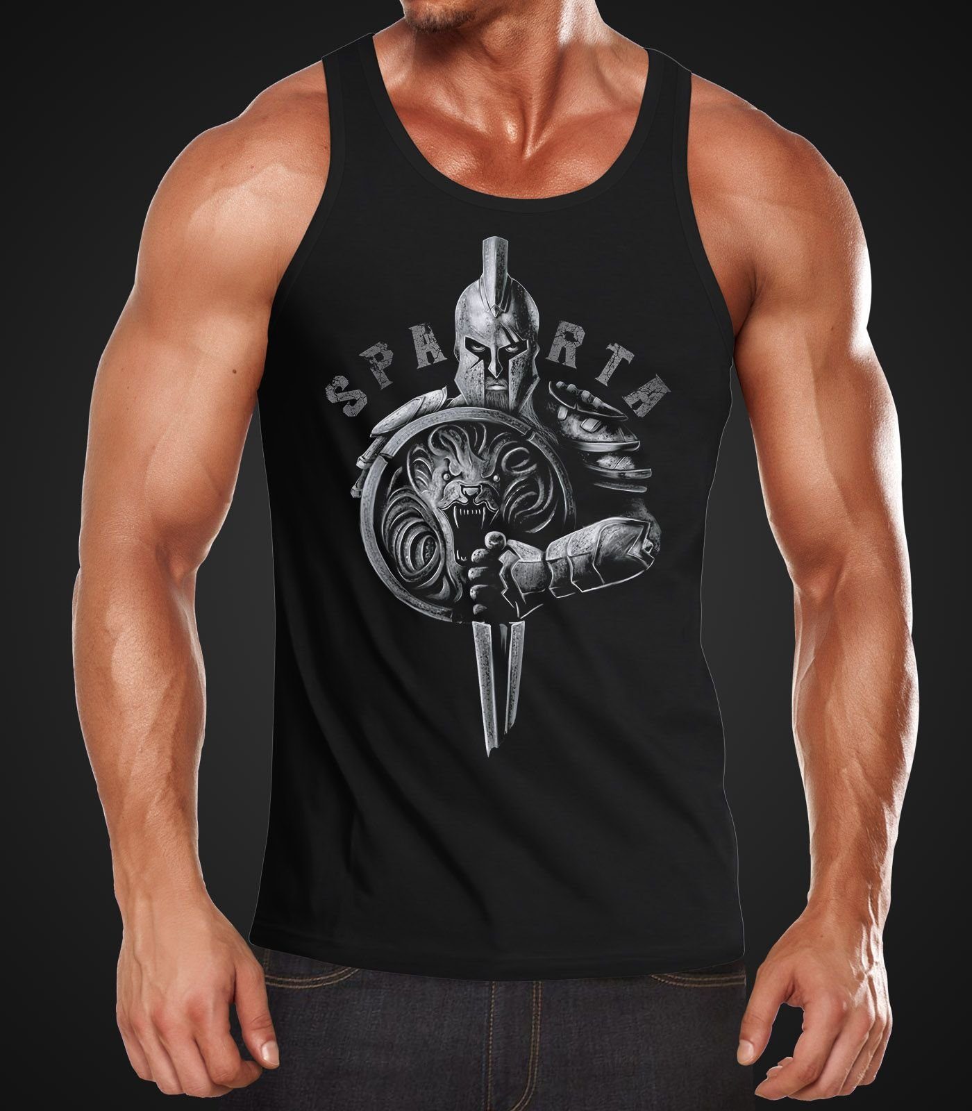 Neverless Tanktop Herren Tank-Top Aufdruck Sparta Spartaner-helm Krieger Warrior Schwert Schild Löwe Muskelshirt Muscle Shirt Neverless® mit Print
