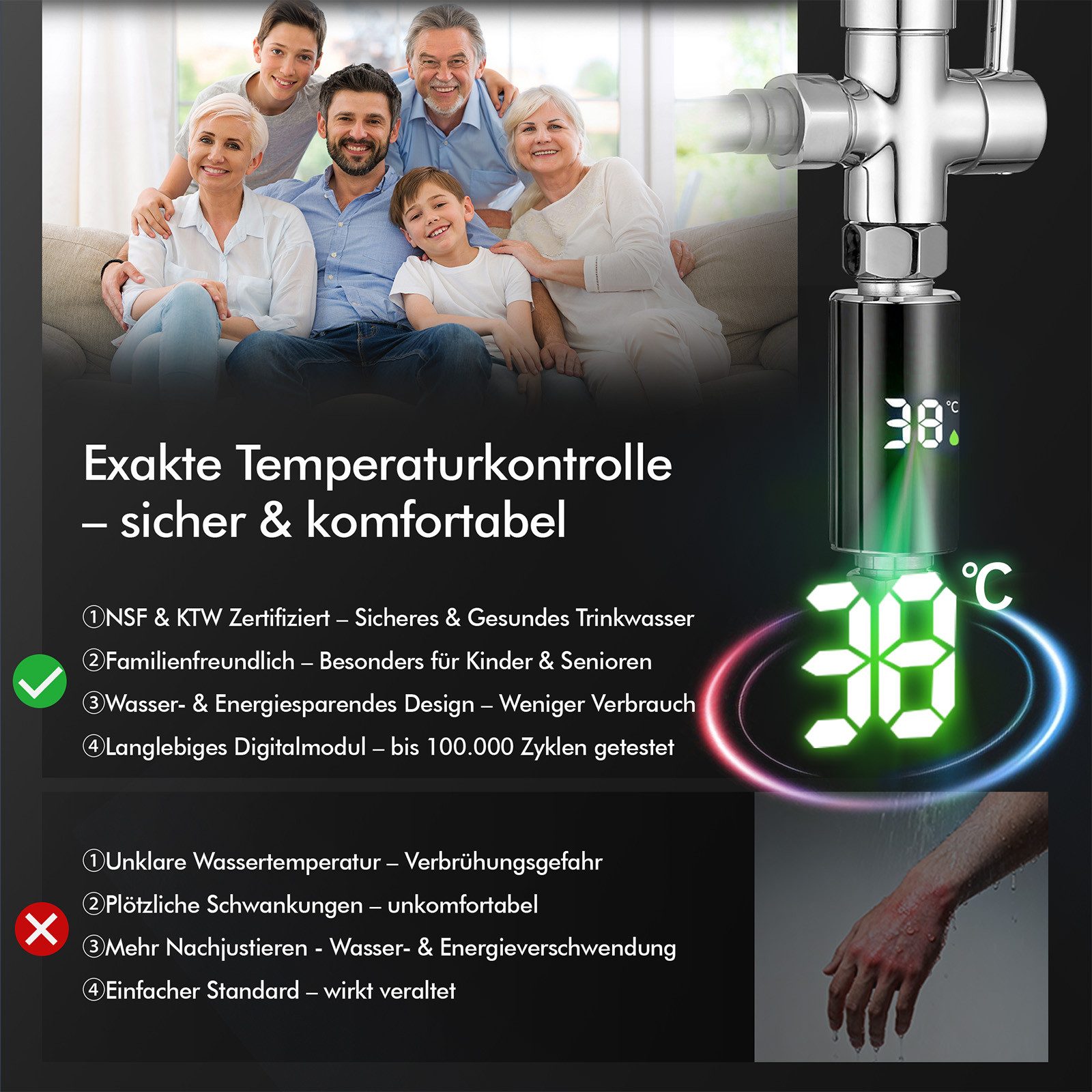 HOMELODY Duschsystem Regendusche 10 Zoll LED Temperaturanzeige 2 Funktionen, Mit LED Anzeige, 3 Strahlarten, höhenverstellbar, kein zweites Bohren – Bild 2 von 5
