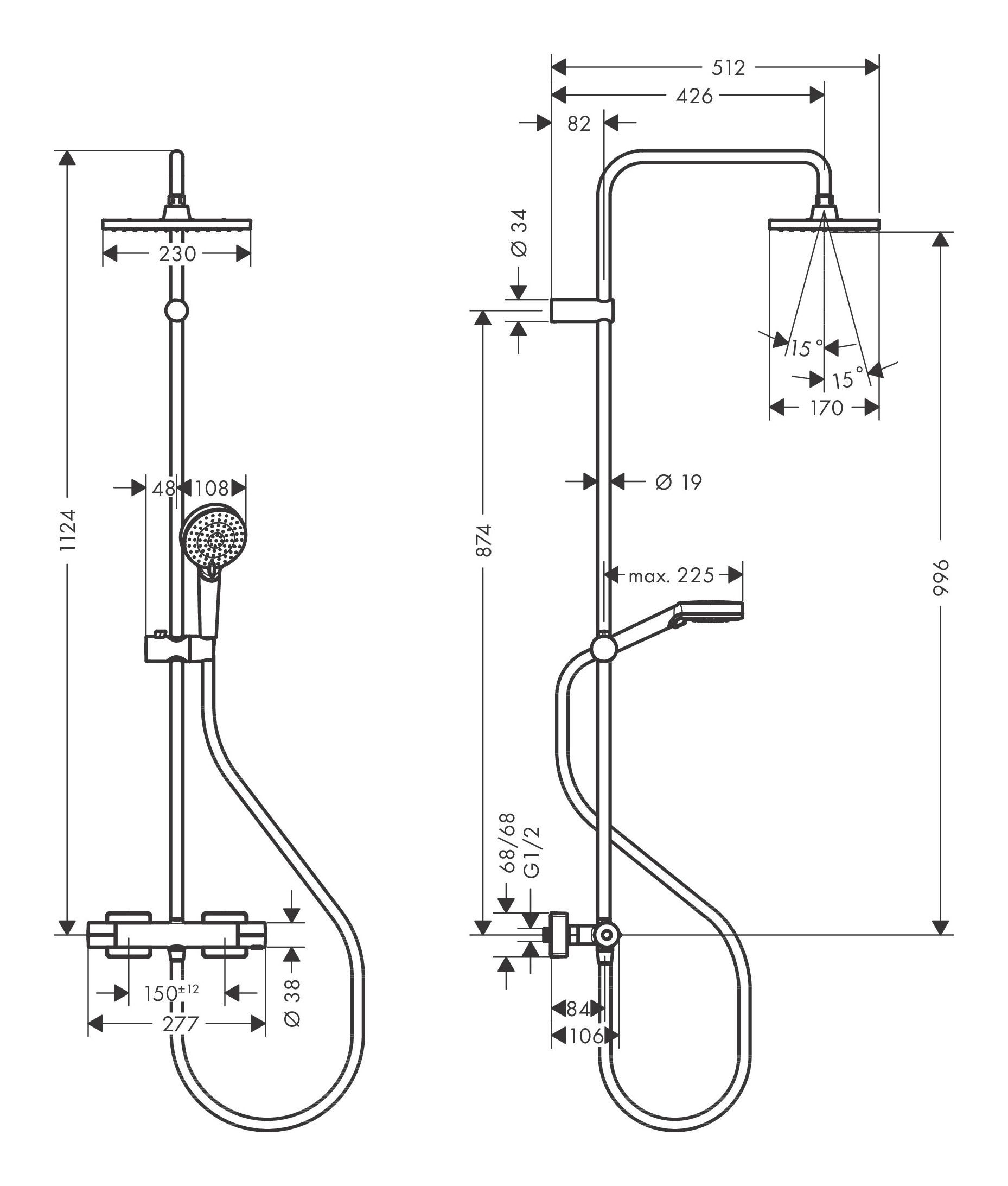 Mattschwarz mit Showerpipe, Duschsystem Shape Vernis hansgrohe - Brausethermostat 230 1jet