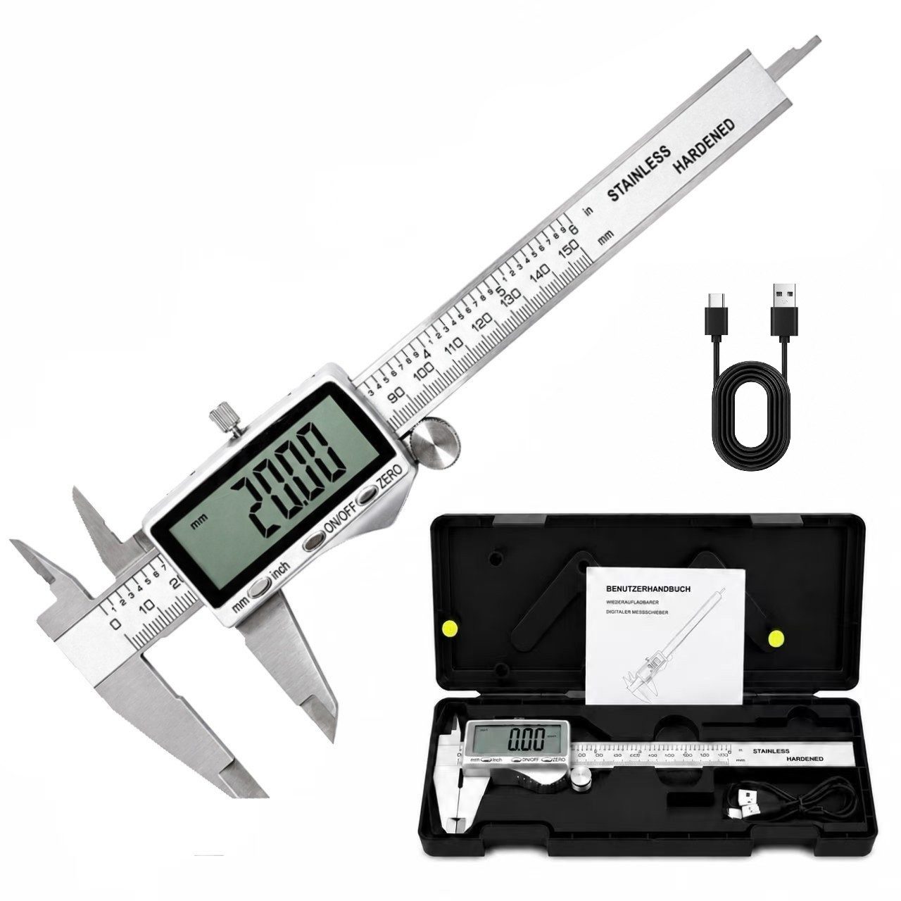 SOFTWEARY Messschieber aus Edelstahl, USB wiederaufladbar, max. 150 mm, Digital Messlehre mit LCD Display, Schieblehre 2 Modi