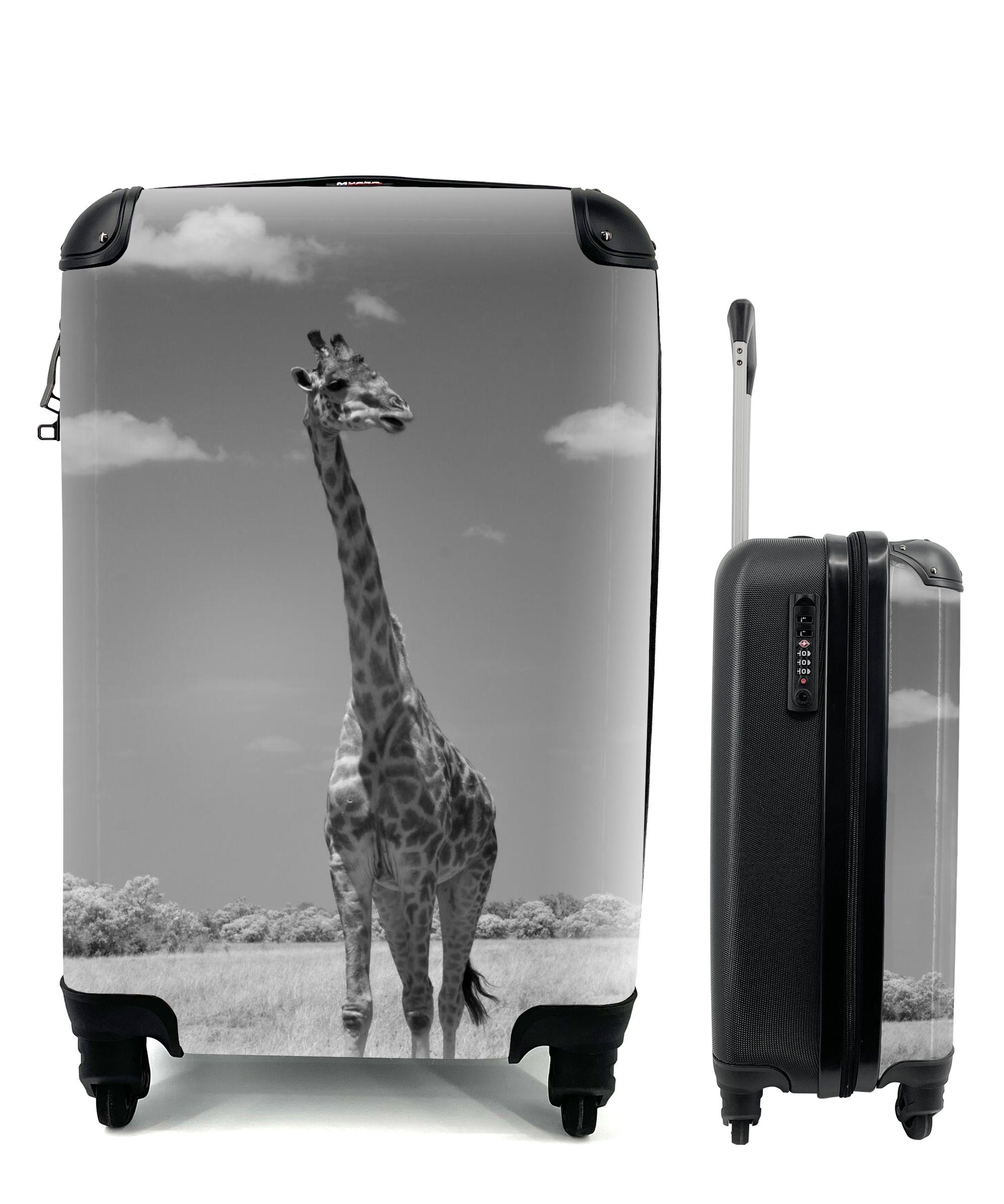 MuchoWow Handgepäckkoffer Giraffe auf Feld in schwarz-weiß, 4 Rollen, Reisetasche mit rollen, Handgepäck für Ferien, Trolley, Reisekoffer