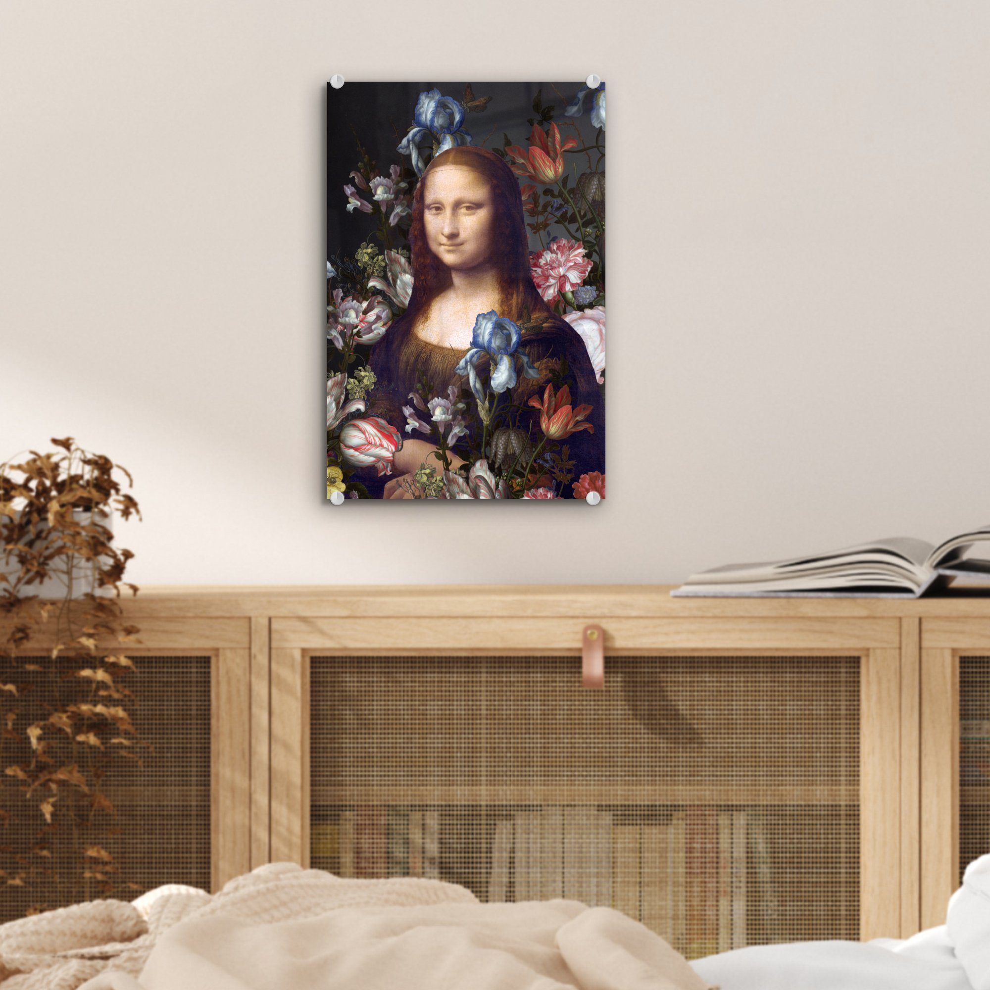 Acrylglasbild St), Leonardo - MuchoWow Mona Vinci Blumen, auf Glasbilder - - bunt Wandbild Glas - Foto (1 Glas Bilder - Lisa auf da Wanddekoration