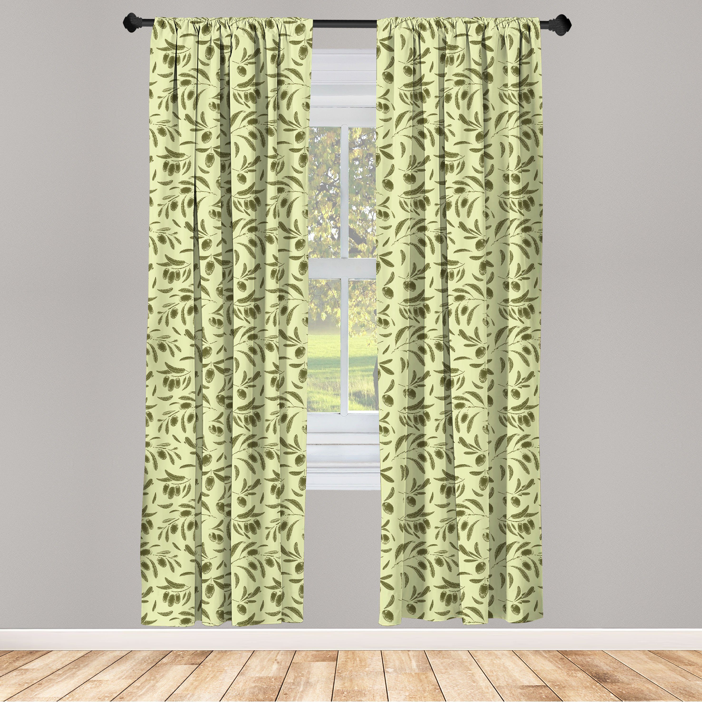 Gardine Vorhang für Wohnzimmer Schlafzimmer Abakuhaus, Botanisch Leaf Dekor, Olive Microfaser, Gravierte Stil