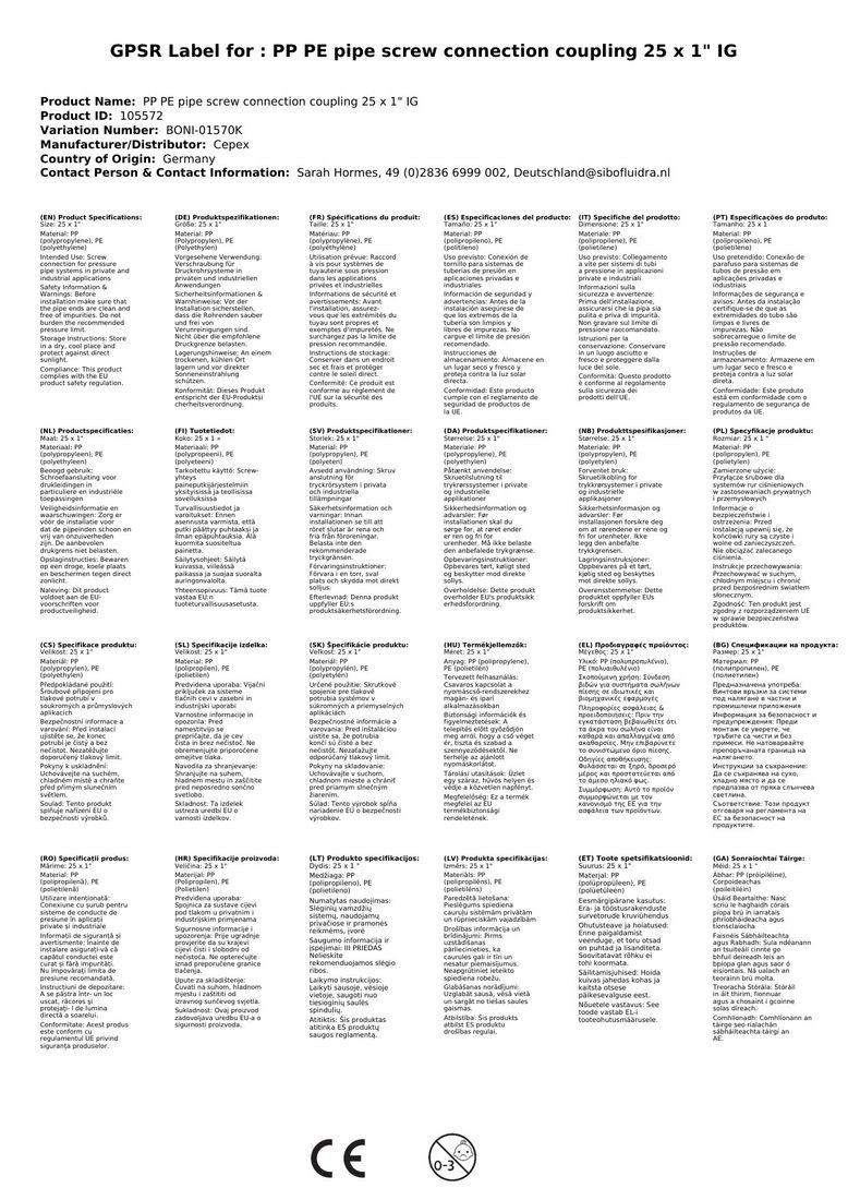 Cepex Rohrverbinder PP PE Rohr Verschraubung Kupplung 25 x 1" IG