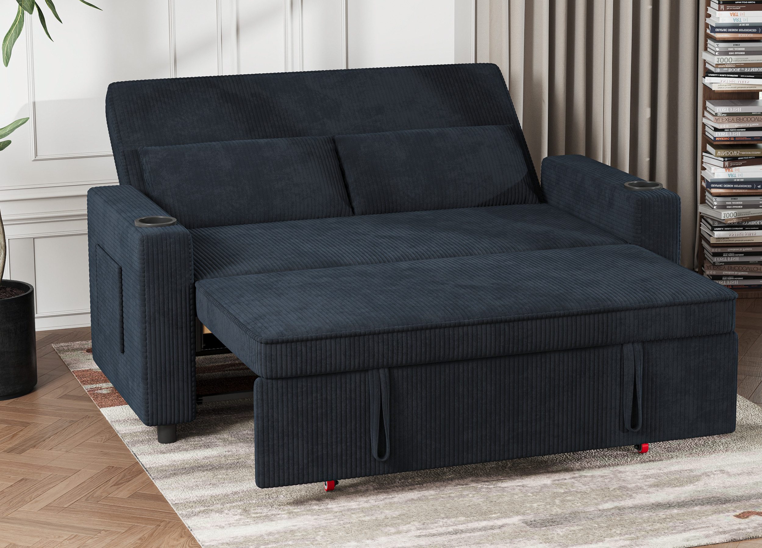 GUNJI Sofa Mit Bettfunktion, mit ausziehbarer sofas wohnzimmer, Hochwertiges Cordsofa mit zwei integrierten Getränkehaltern, ausziehbarem Doppelschlafsofa mit fünf Liegepositionen, geeignet für Wohn- und Schlafzimmer.