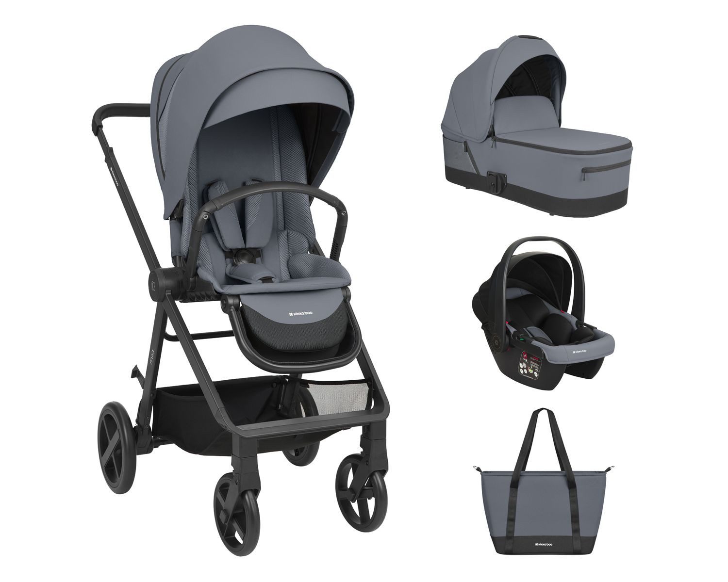 Kikkaboo Kombi-Kinderwagen Kombikinderwagen Mia 3 in 1, Babywanne Babyschale Wickeltasche Matratze