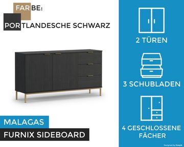 Furnix Sideboard MALAGAS K2D3SZ Kommode 2 Türen 3 Schubladen Nachtblau oder Schwarz, B150 x H80 x T41 cm, Metallgestell in Altgoldoptik