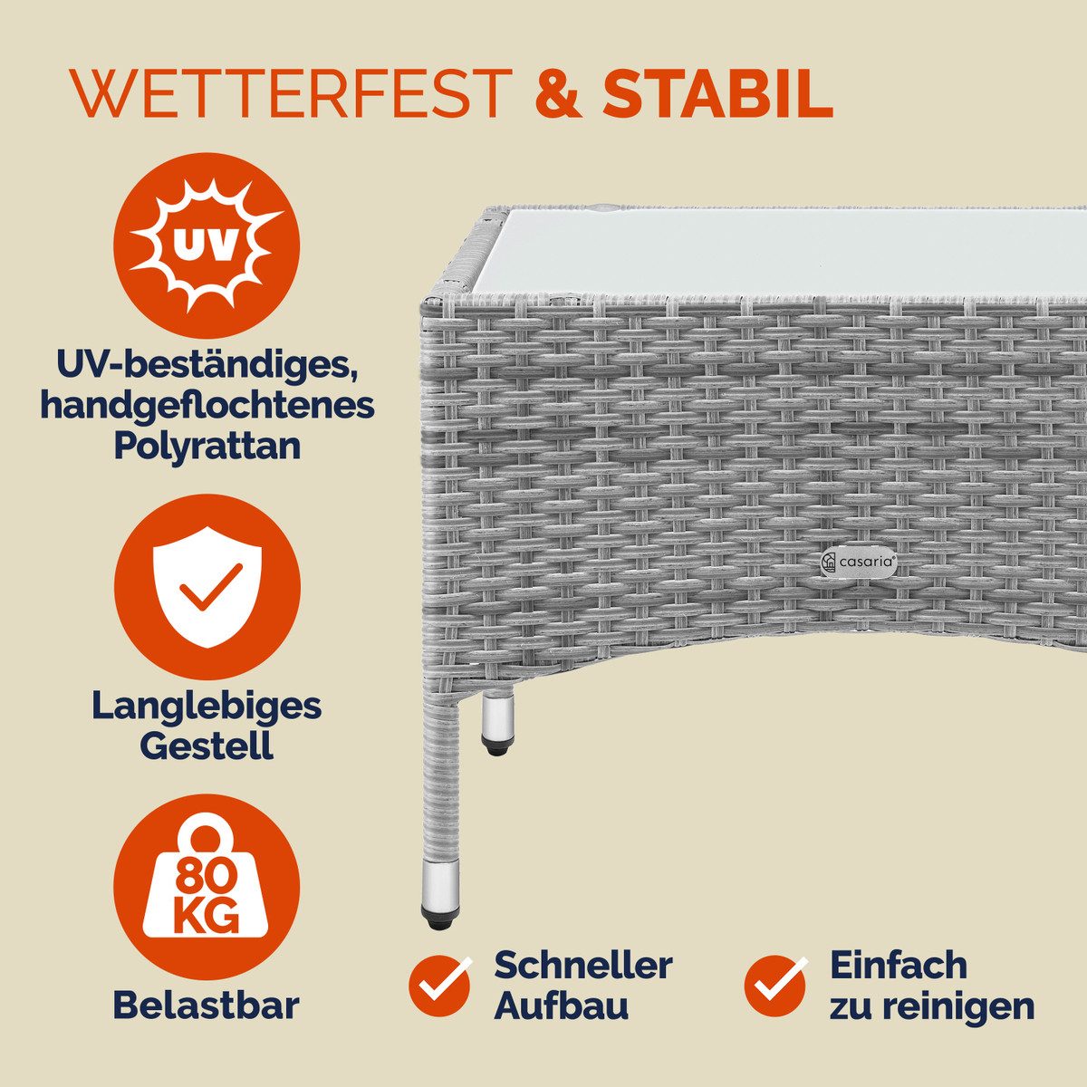 Casaria Beistelltisch, Polyrattan 58x58cm Wetterfest Höhenverstellbar 80kg Belastbarkeit