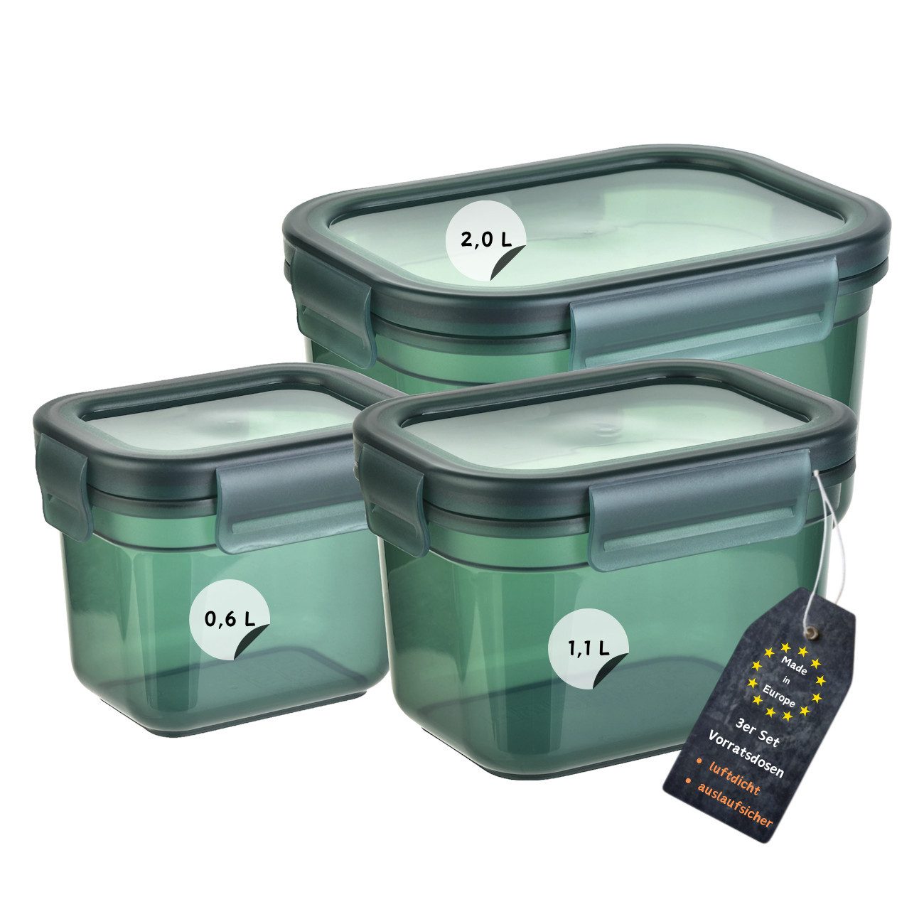 Engelland Frischhaltedose 3er Set Aufbewahrungsdosen mit Deckel, Vorratsdose, Frischhaltedose, Kunststoff/Silikon, (Vorteils-Set, 3-tlg., 0,6 L / 1,1 L / 2,0 L), luftdicht, auslaufsicher, stapelbar, BPA-frei, verschiedene Größen