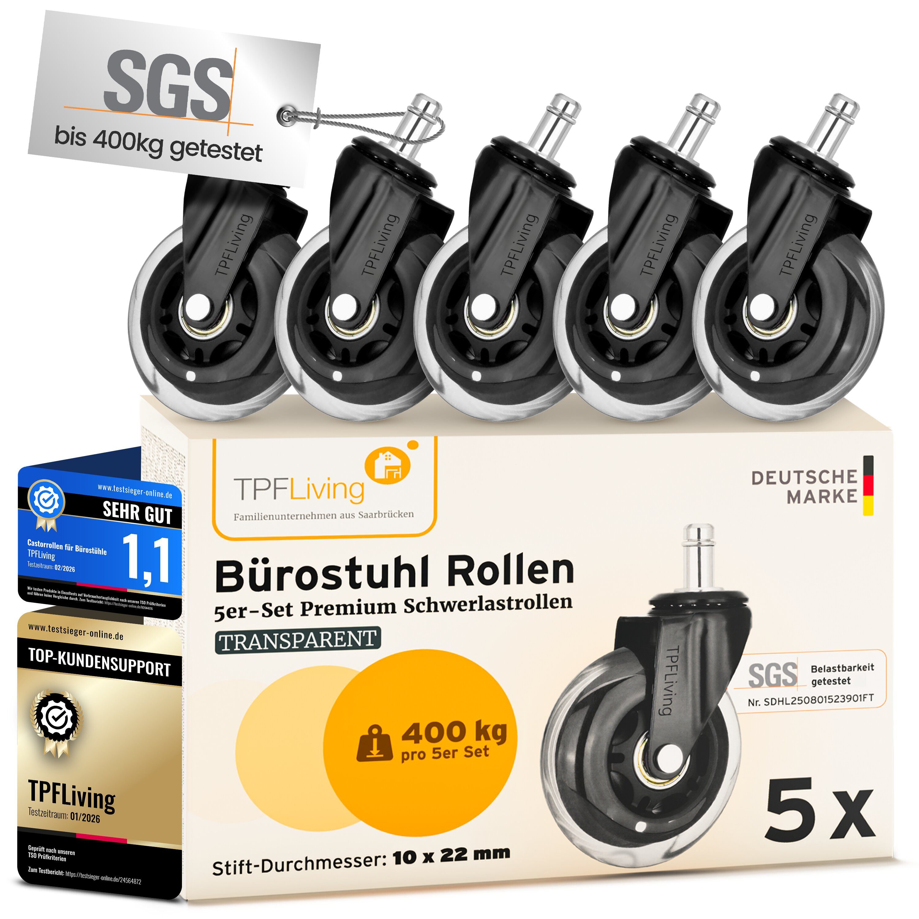 TPFLiving Stuhlrolle TPFLiving Bürostuhlrollen - Stuhlrollen Premium - 10 Jahre Garantie, (5-St., 5er Set Rollen für Bürostuhl 11x22mm - Invictus ProGlide transparent), Von uns entwickelt für höchste dynamische Belastungen bis 400 kg