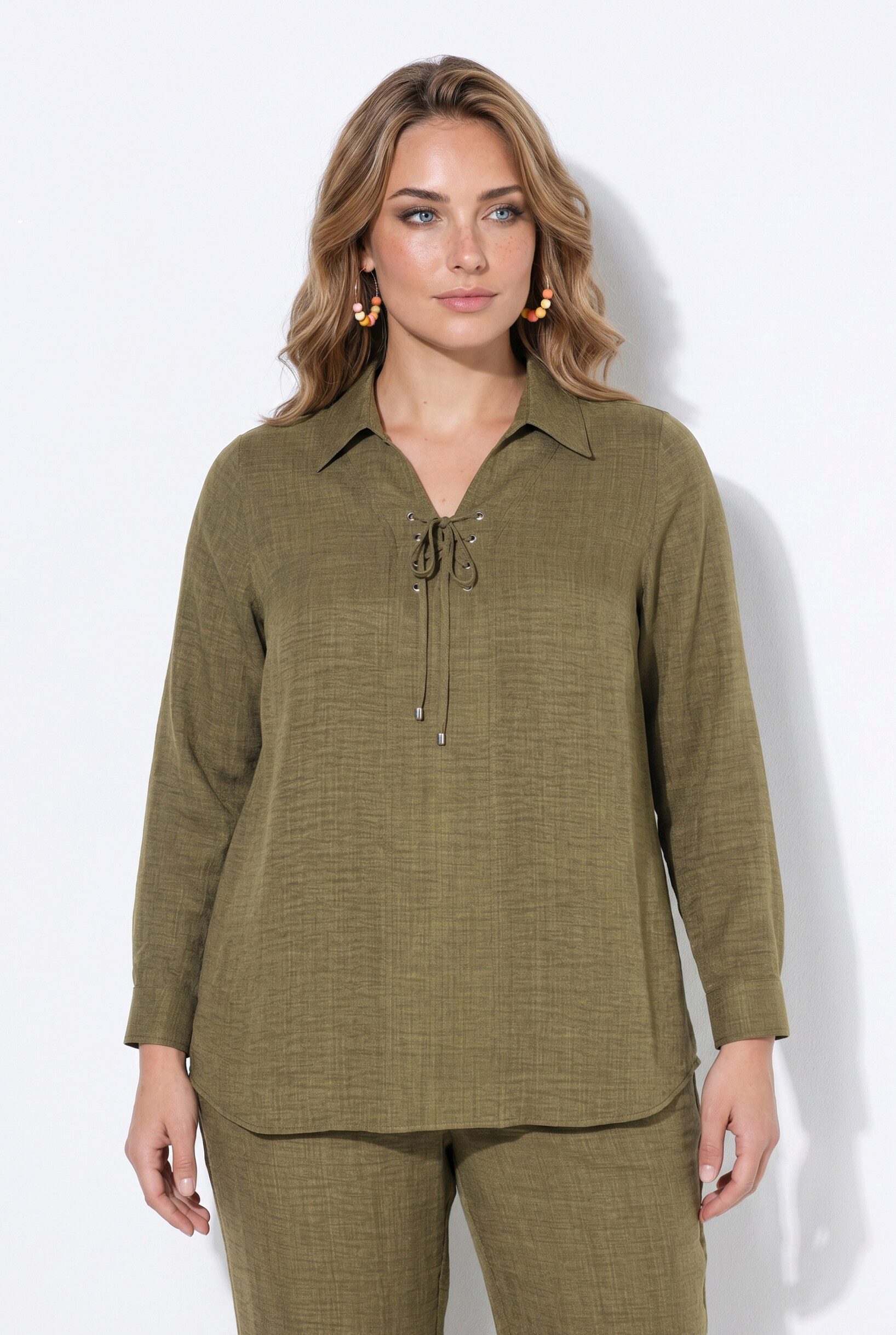 MIAMODA Druckbluse Blusenshirt A-Linie Hemdkragen Schnürung