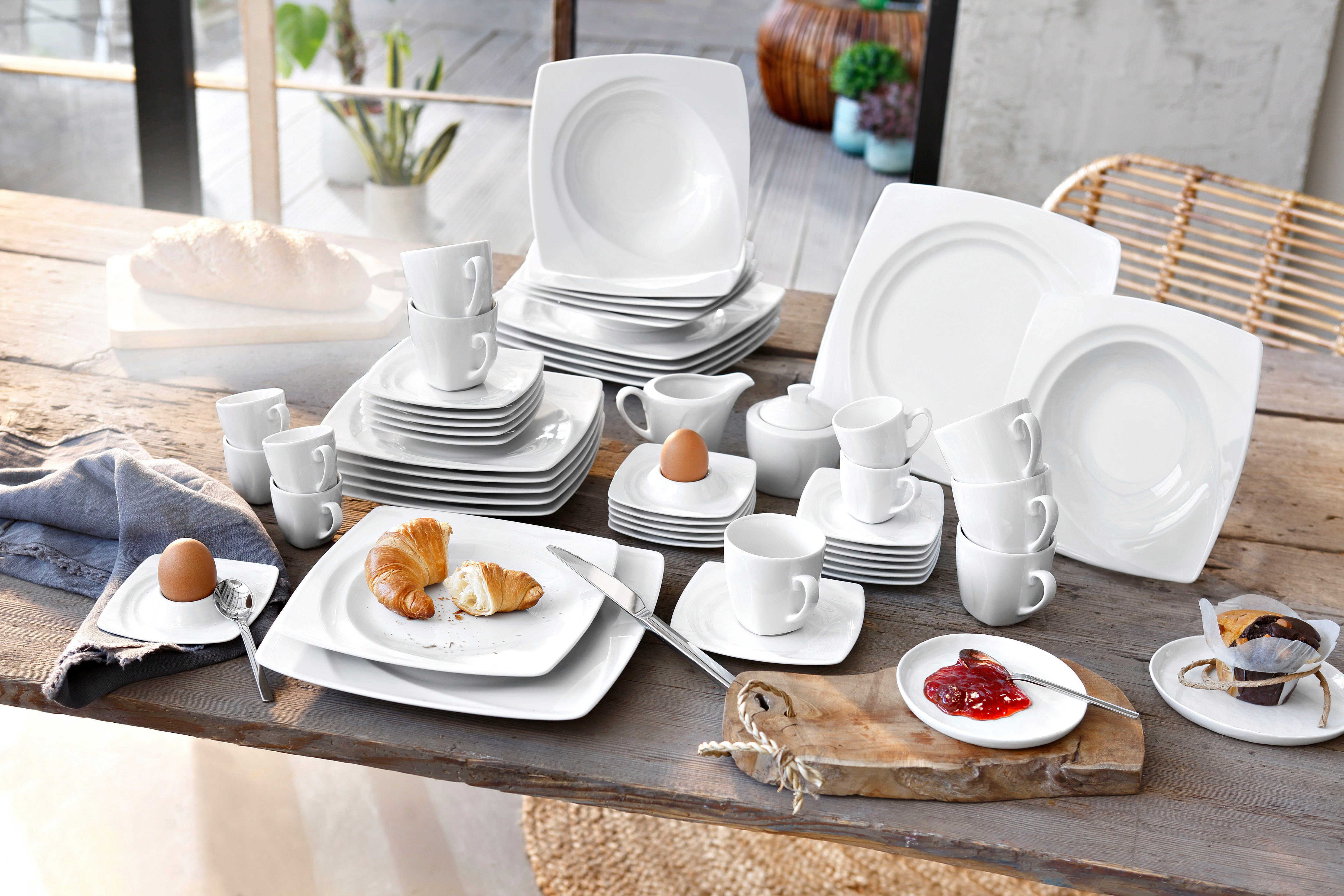 CreaTable Kombiservice Geschirr-Set Celebration (50-tlg), 6 Personen, Porzellan, Service, weiß, außergewöhnliche Geometrie, 50 Teile, für 6 Personen