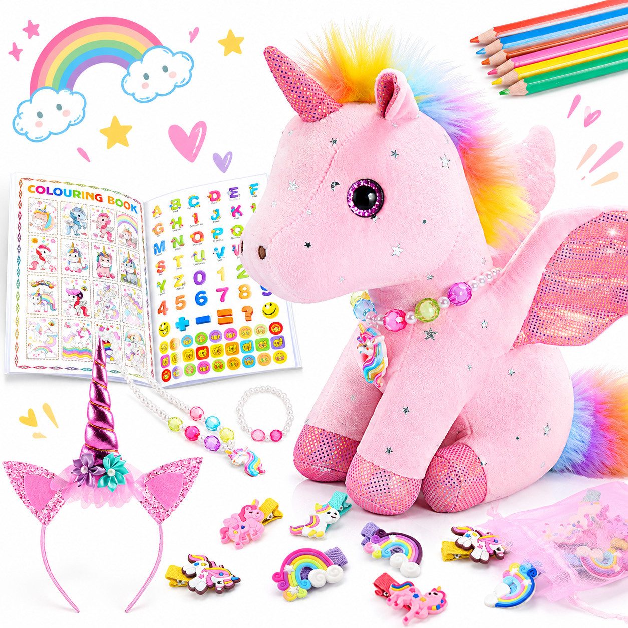 Wootoy Kuscheltier Einhorn Plüschtier Geschenkset für Mädchen 21-teiliges Kreativset (mit Malbuch Schmuck Haaraccessoires und Plüschtier, 1-St., vielseitige Kombination aus Spielzeug Bastelspaß und Schmuck), Attraktive Geschenkbox ideal für kleine Einhorn-Liebhaberinnen