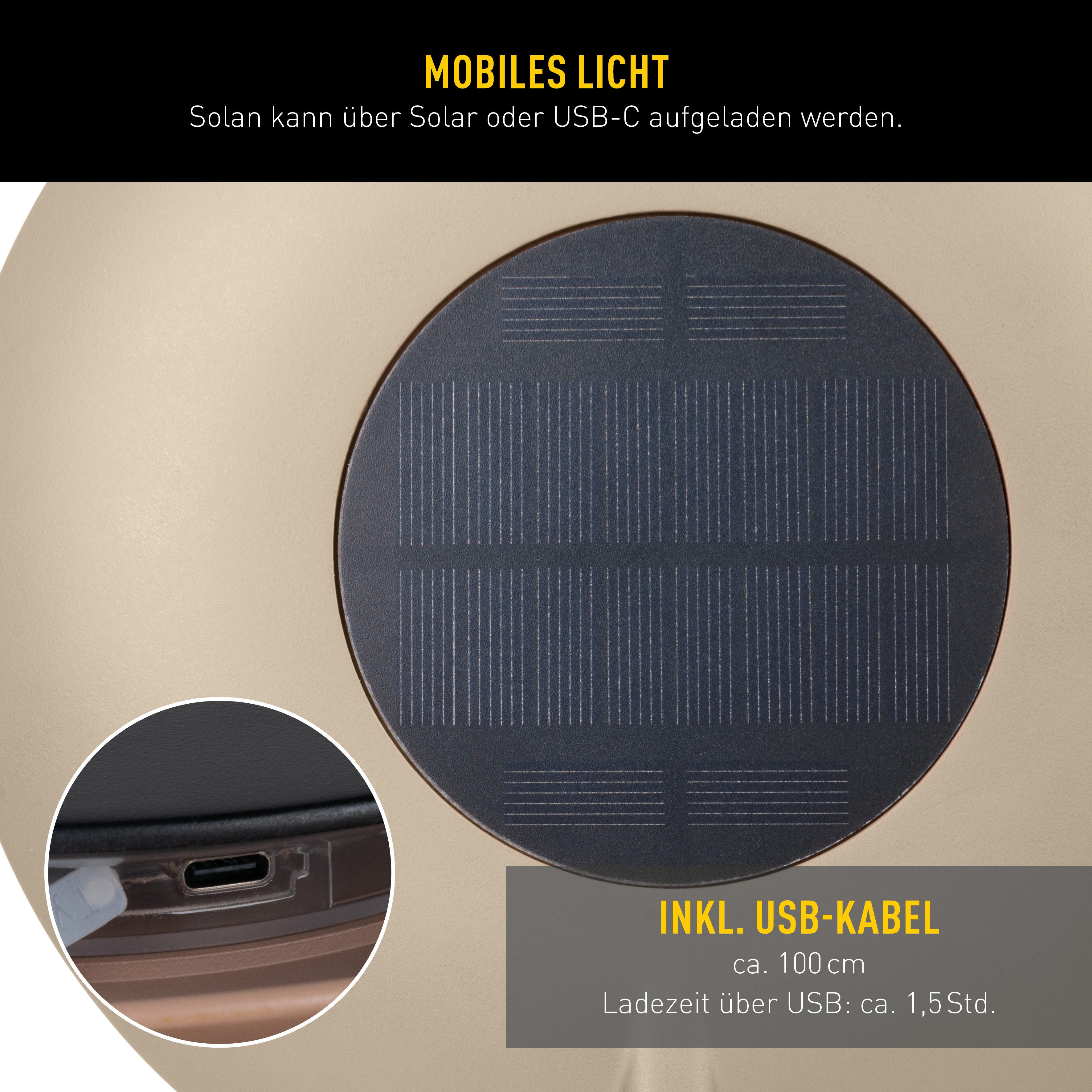 näve LED Solarleuchte Solan, Dimmfunktion, USB-Ladefunktion, LED fest integriert, Warmweiß, 4in1 Akku-Solar-Tisch-Hängeleuchte, Touchschalter, USB, dimmbar