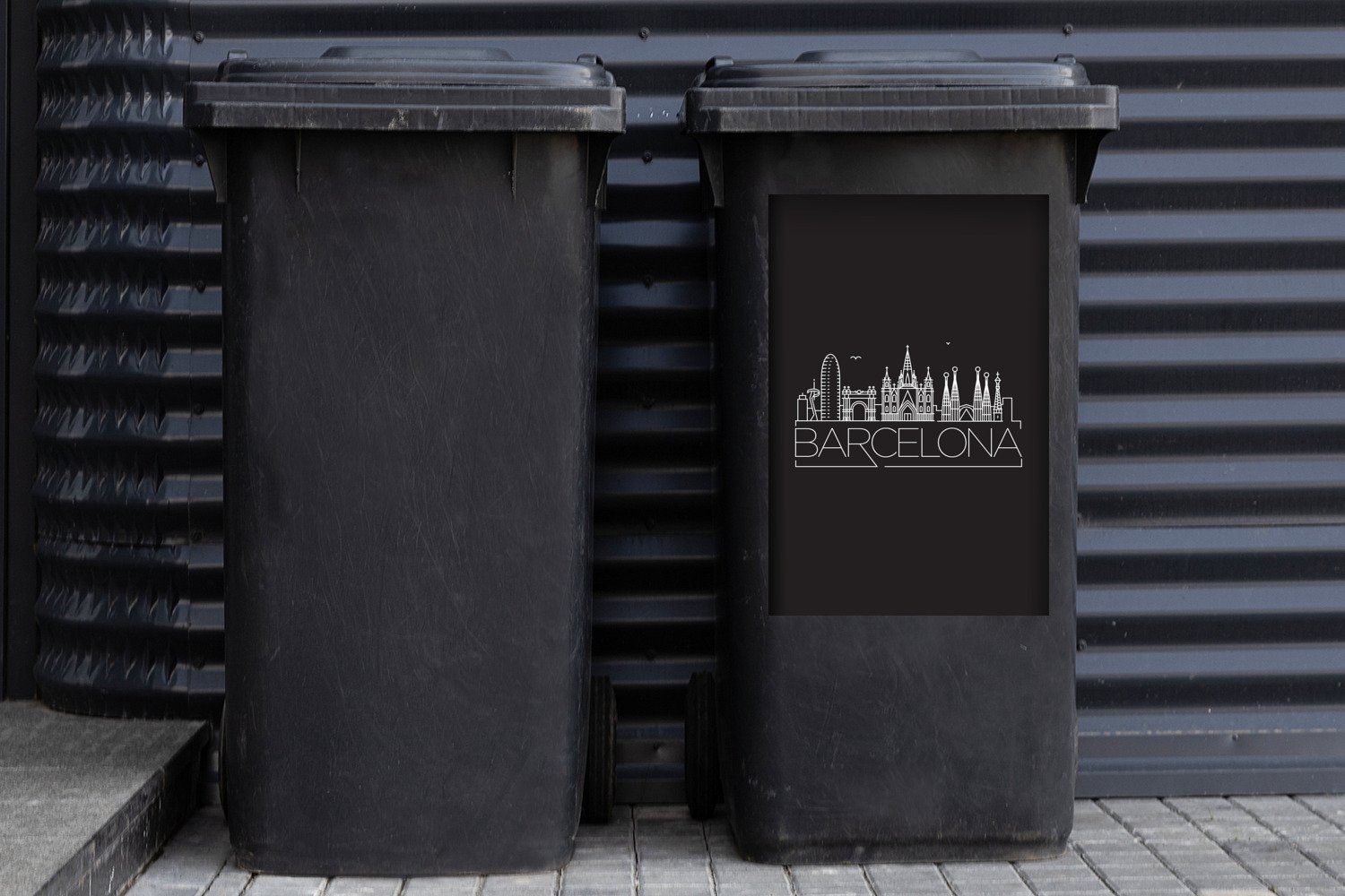 MuchoWow Wandsticker Container, schwarz Mülltonne, Skyline Mülleimer-aufkleber, St), Sticker, (1 "Barcelona" Abfalbehälter