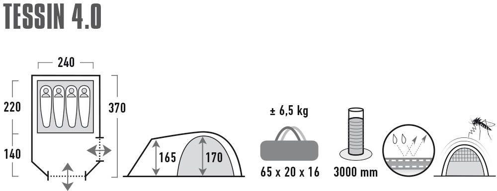 Zelt High 4.0, Transporttasche) Kuppelzelt Tessin 4 Peak Personen: (mit