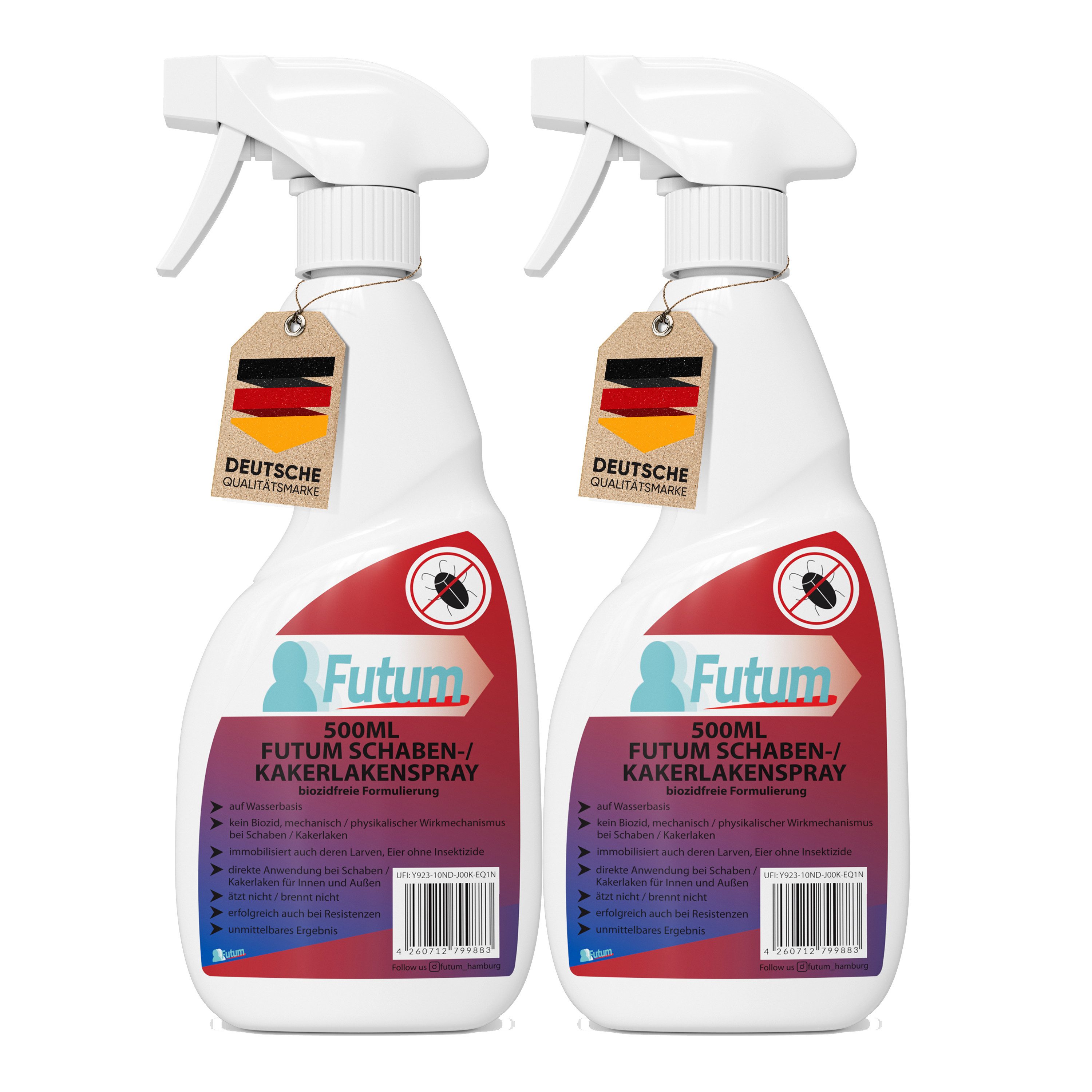 FUTUM Insektenspray Kakerlaken Spray Schaben Spray Küchenschaben Abwehr, 2-St., biozidfreie Formel, auf Wasserbasis, geruchsarm, brennt / ätzt nicht