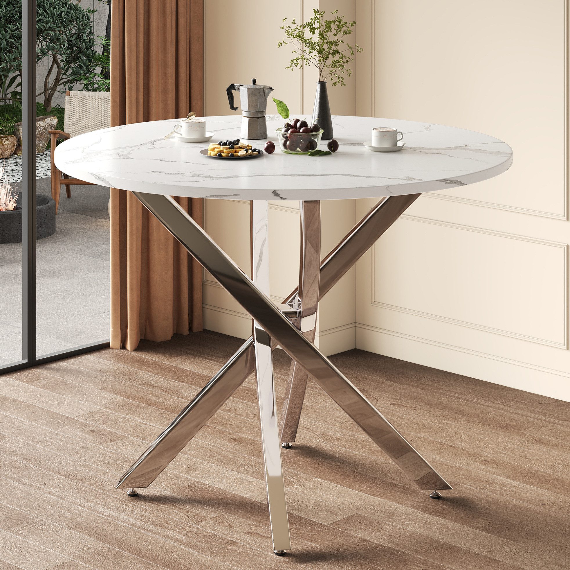 OKWISH Esstisch Design-Tisch – runde Form, Kreuzfuß & stabile Metallbeine (Packung, 1-St., Weiß+Silber, für moderne Räume), 80×80×75 cm, Marmoroptik, Silberbeine
