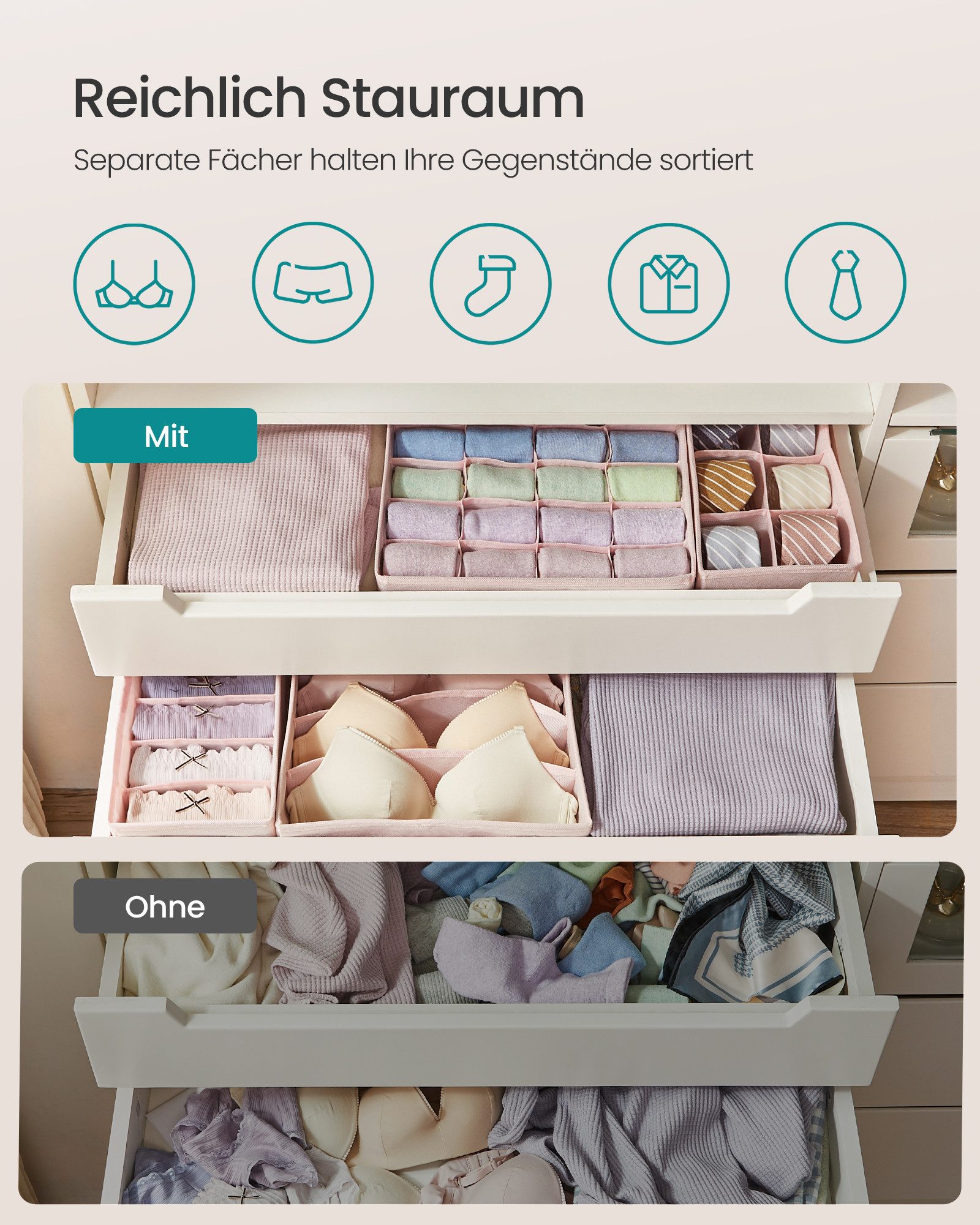 SONGMICS Aufbewahrungsbox Unterwäsche-Organizer, faltbar, Stoffboxen, für BHs Socken Krawatten (8 St), 8 Stück, Ordnungssystem Kleiderschrank, Aufbewahrungsbox Schrank